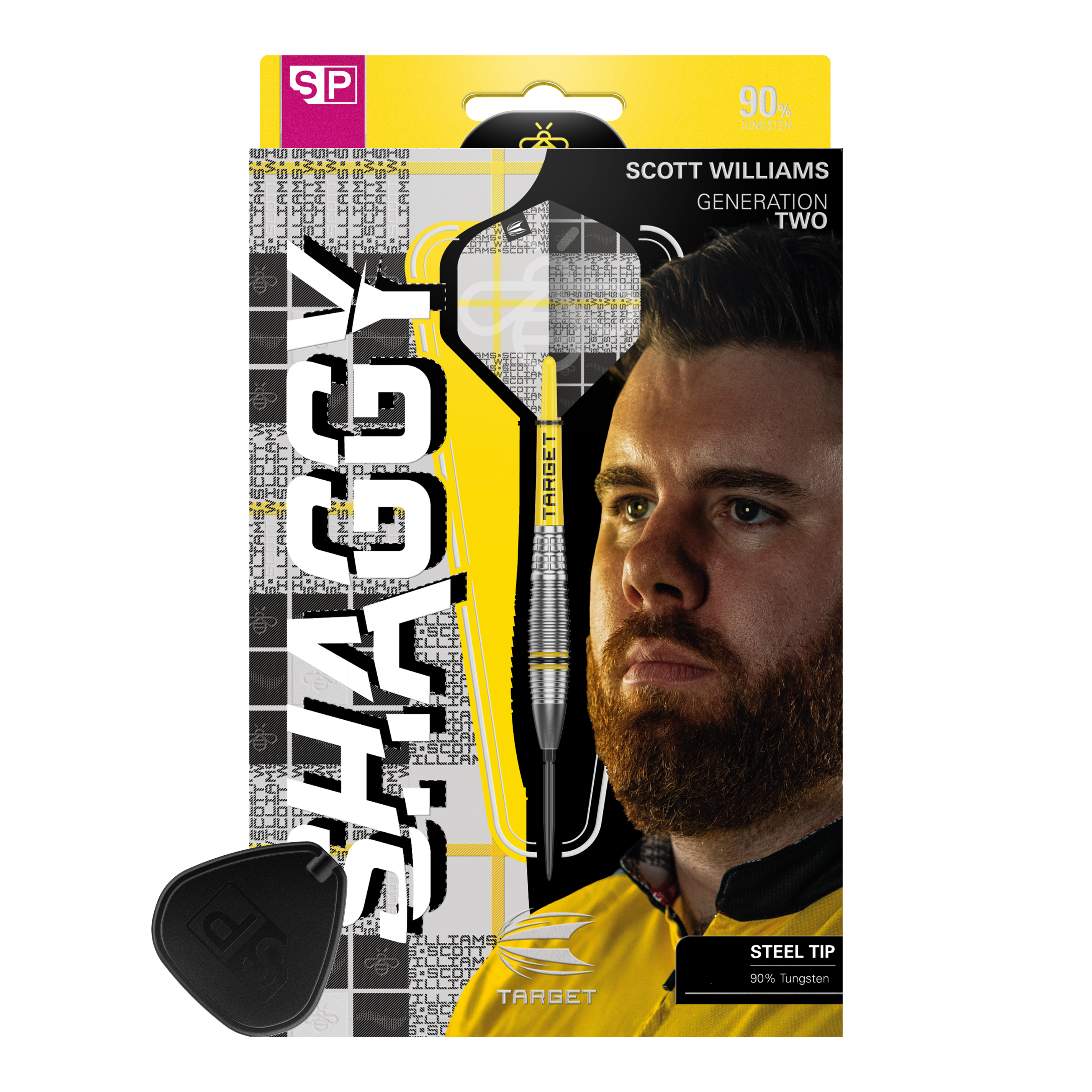 Das Bild zeigt die Verpackung der Target Scott Williams GEN2 Swiss Point Steeldarts. Auf der Verpackung ist ein Porträt von Scott Williams und ein einzelner Dart mit Stahlspitze abgebildet.