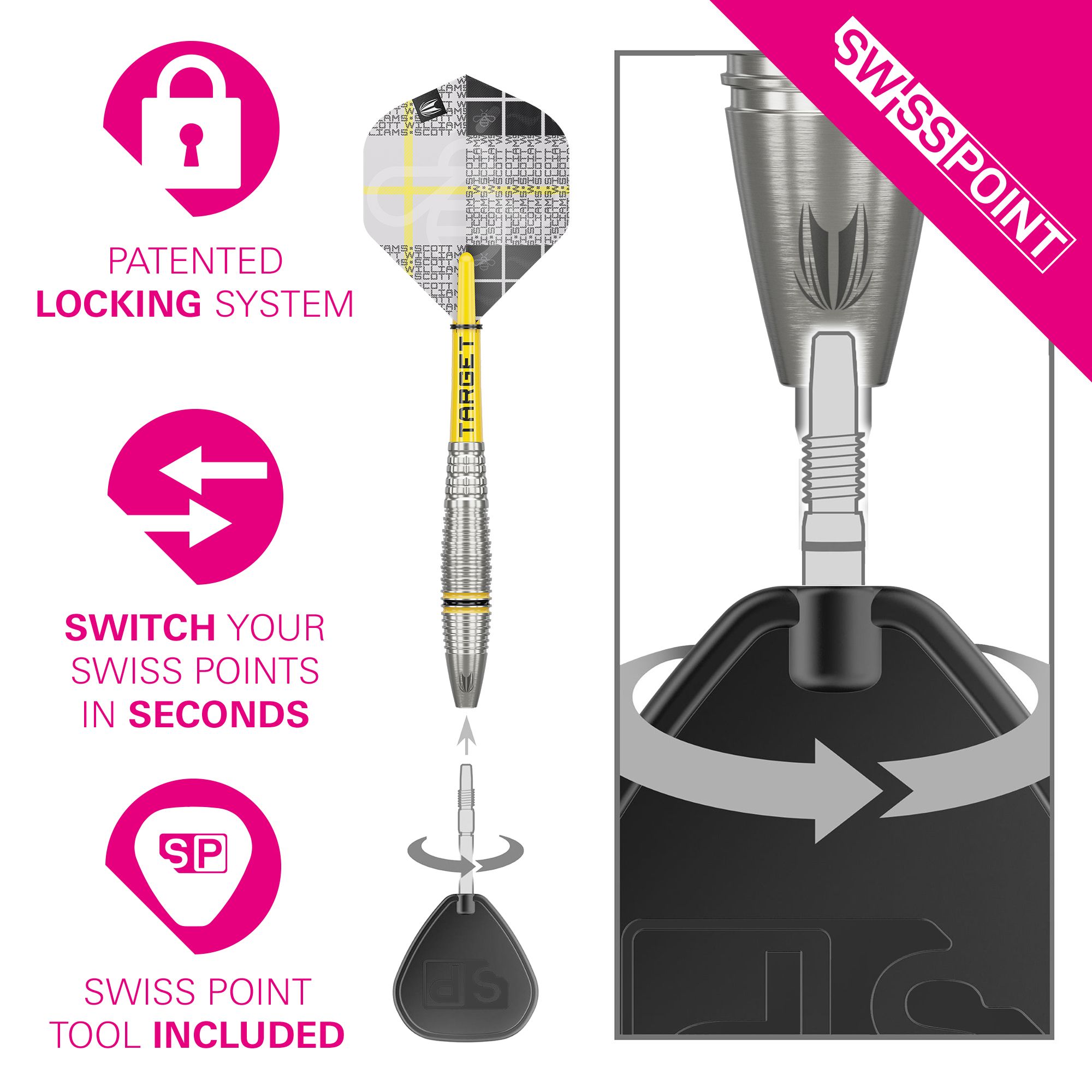 Das Bild zeigt die Target Scott Williams GEN2 Swiss Point Steeldarts mit einem speziellen Wechselsystem. Die Punkte lassen sich dank des patentierten Verschlusssystems einfach und schnell austauschen, ein Werkzeug ist enthalten.