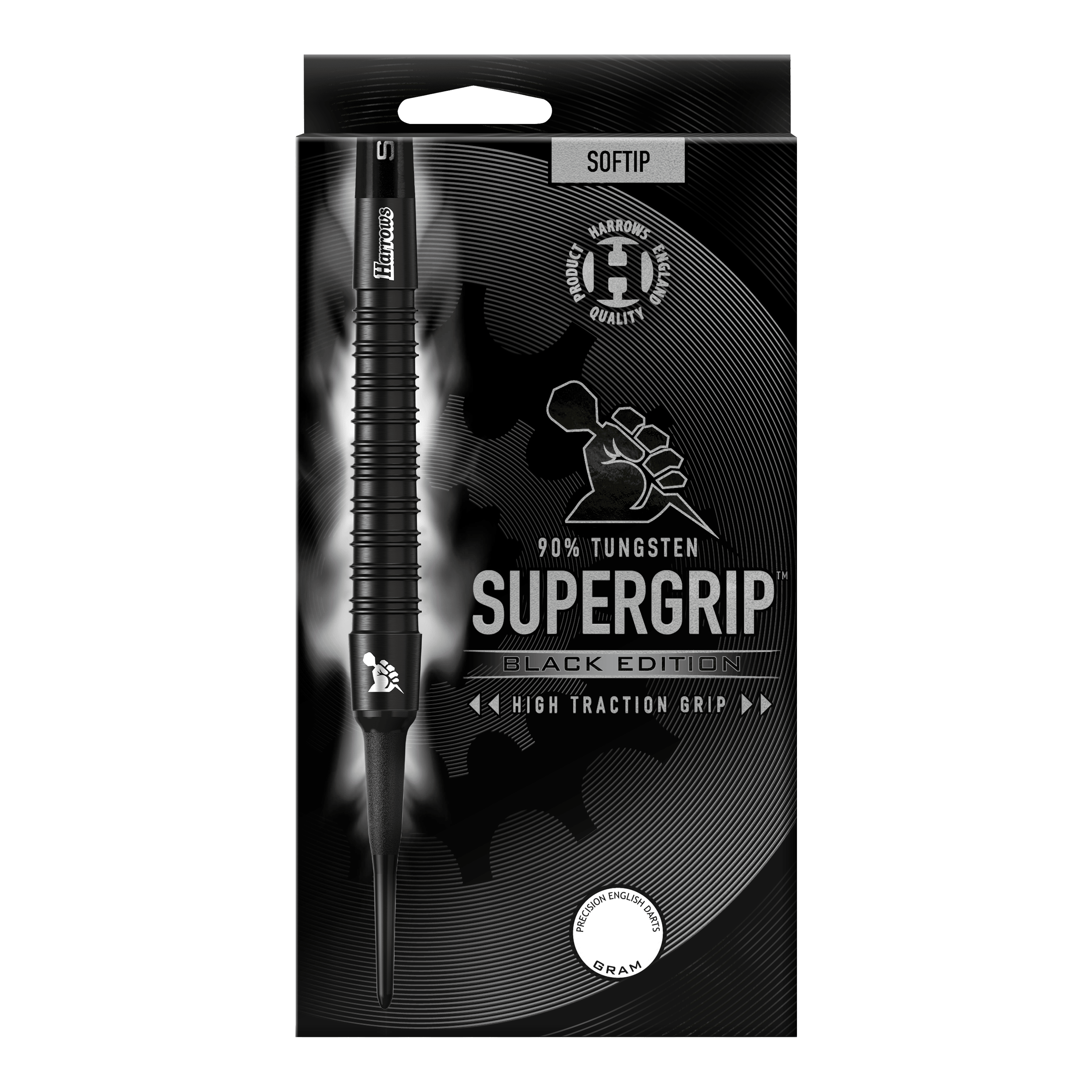 Harrows Supergrip Black Edition soft darts Das Bild zeigt die Verpackung der "Harrows Supergrip Black-Edition Softdarts". Die Darts bestehen zu 90 % aus Tungsten und haben eine hohe Griffigkeit.