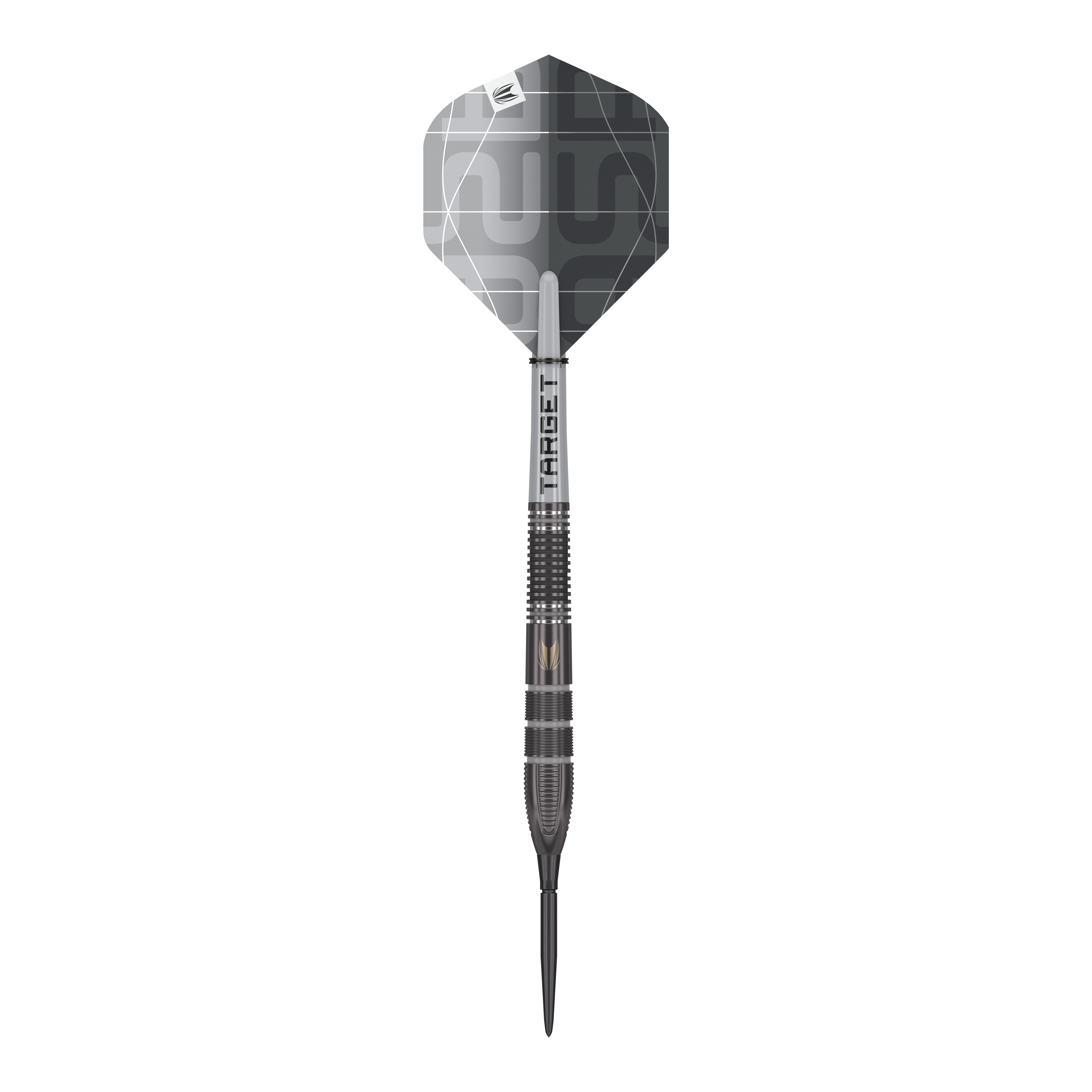 Target Nathan Aspinall X Echo Swiss Point steel darts Der "Target Nathan Aspinall X Echo Swiss Point Steeldarts" ist ein hochwertiger Steeldart in elegantem Schwarz-Grau-Design. Er besitzt eine fein gerillte Griffstruktur und moderne, geometrische Muster auf dem Flight.