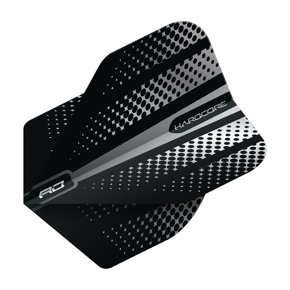 TF6507_Red_Dragon_Hardcore_Radical_Black_Flash_Standard_Flights_2 Das Bild zeigt ein schwarzes Dart-Flight mit silbernen und grauen Punktmustern. Auf dem Flight stehen die Wörter "HARDCORE" und "RD".