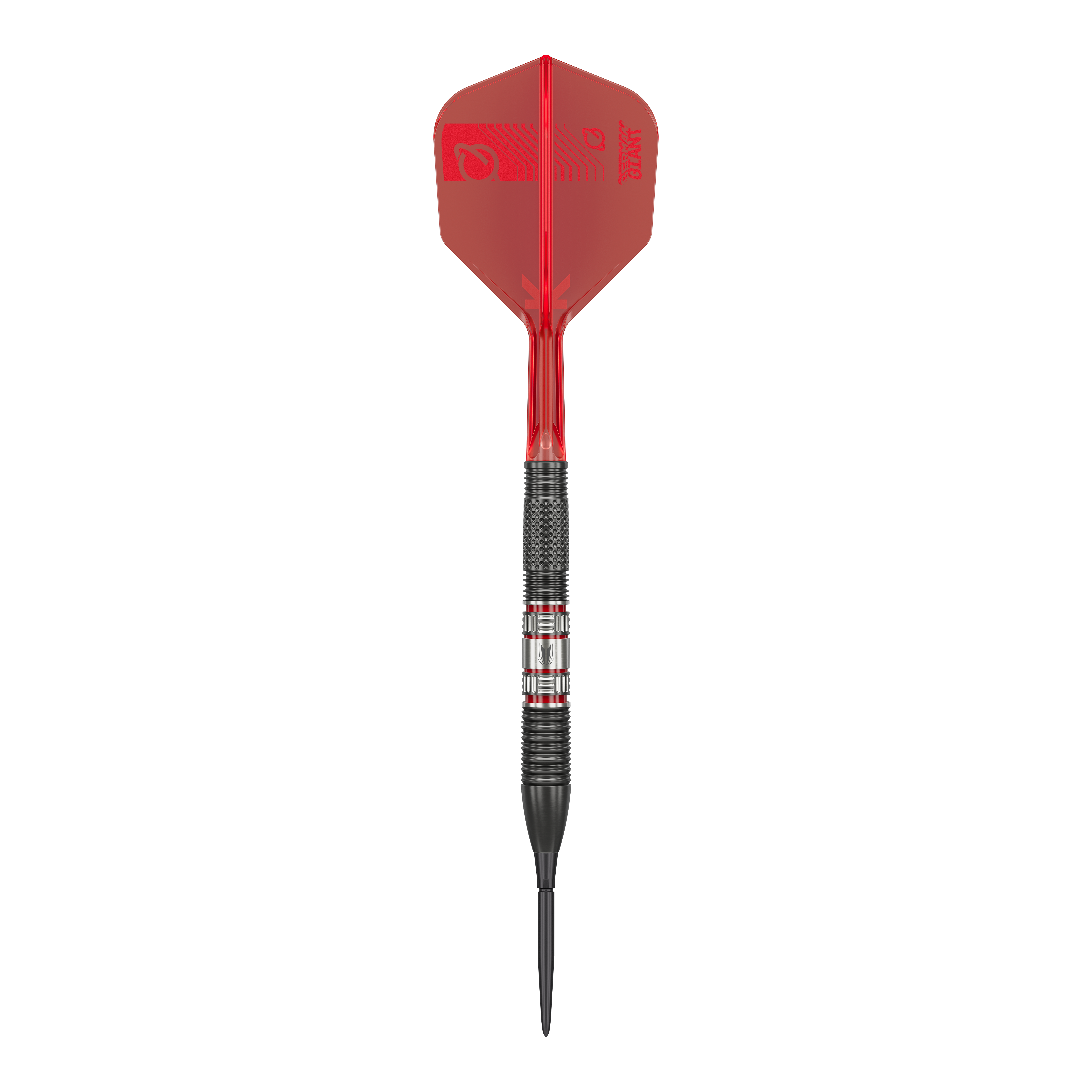 Target Gabriel Clemens 95K Swiss Point Steel Darts Das Bild zeigt einen Target Gabriel Clemens 95K Swiss Point Steeldart. Der Dart hat eine schwarze Spitze, einen schwarz-silbernen Schaft und auffällige rote Flights.