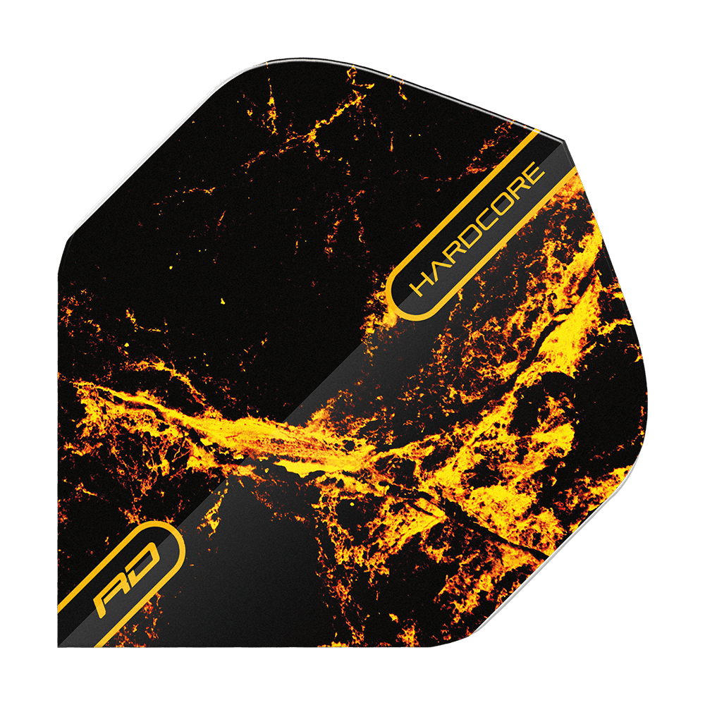 TF6634_Red_Dragon_Hardcore_Radical_Golden_Strike_Standard_Flights_105JHJ5uuayuoo Dieses Bild zeigt das Produkt "Red Dragon Hardcore Radical Golden Strike Standard Flights". Das Design ist überwiegend schwarz mit gold-gelben, feurigen Mustern und der Aufschrift "HARDCORE".