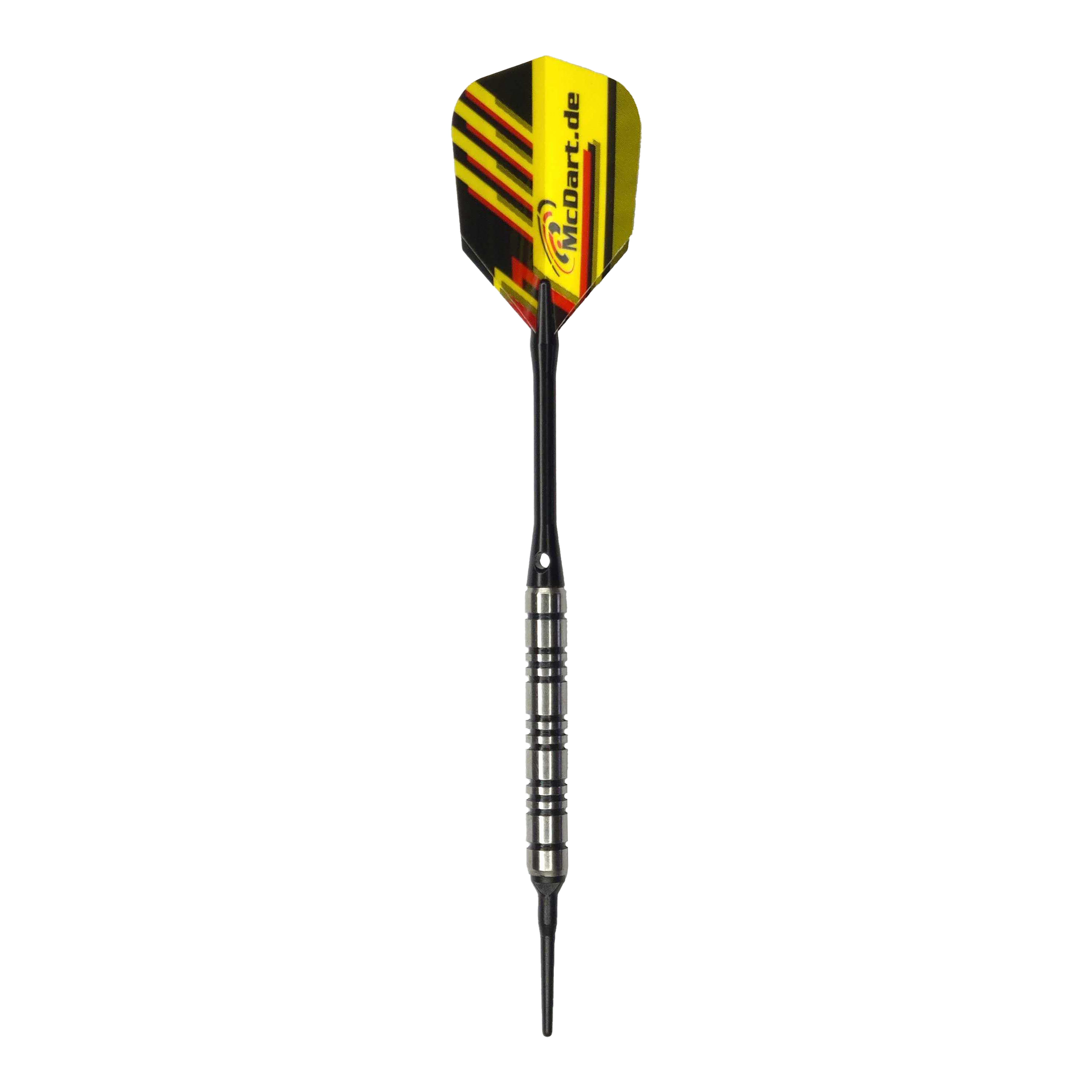 McDart 85 Tungsten V2 soft darts - 17g Das Bild zeigt einen McDart 85er Tungsten V2 Softdart mit einem Gewicht von 17 Gramm. Er hat einen silbernen Barrel und ein gelb-schwarzes Flight mit McDart.de-Aufdruck.