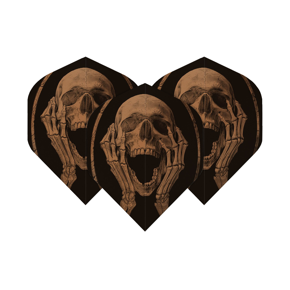 ALC19_Alchemy_The_Scream_Standard_Flights_1nhXWnf9KY1GpV Auf dem Bild sind drei Dart-Flights mit einem Schädel-Design zu sehen. Die Skeletthände halten den Schädel, der den Mund weit geöffnet hat, als würde er schreien.