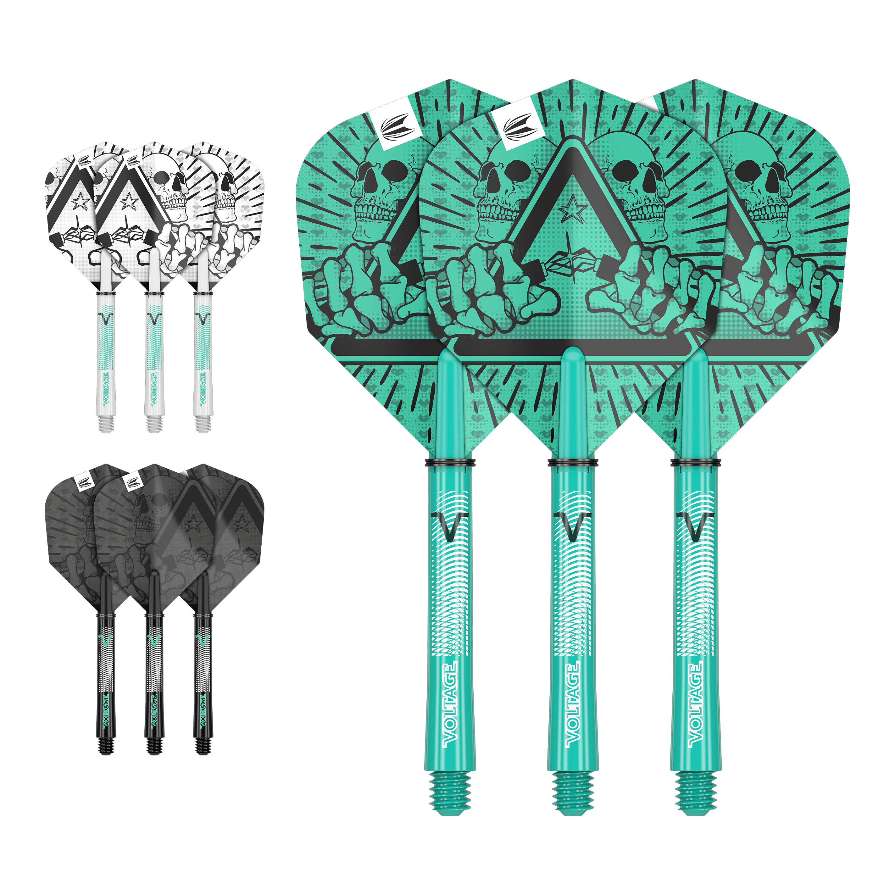 Das Bild zeigt drei Sätze von Dartflights und -schäften in unterschiedlichen Farben und Designs. Die größten Flights haben ein auffälliges grünes Motiv mit einem Totenkopf und einer Hand.