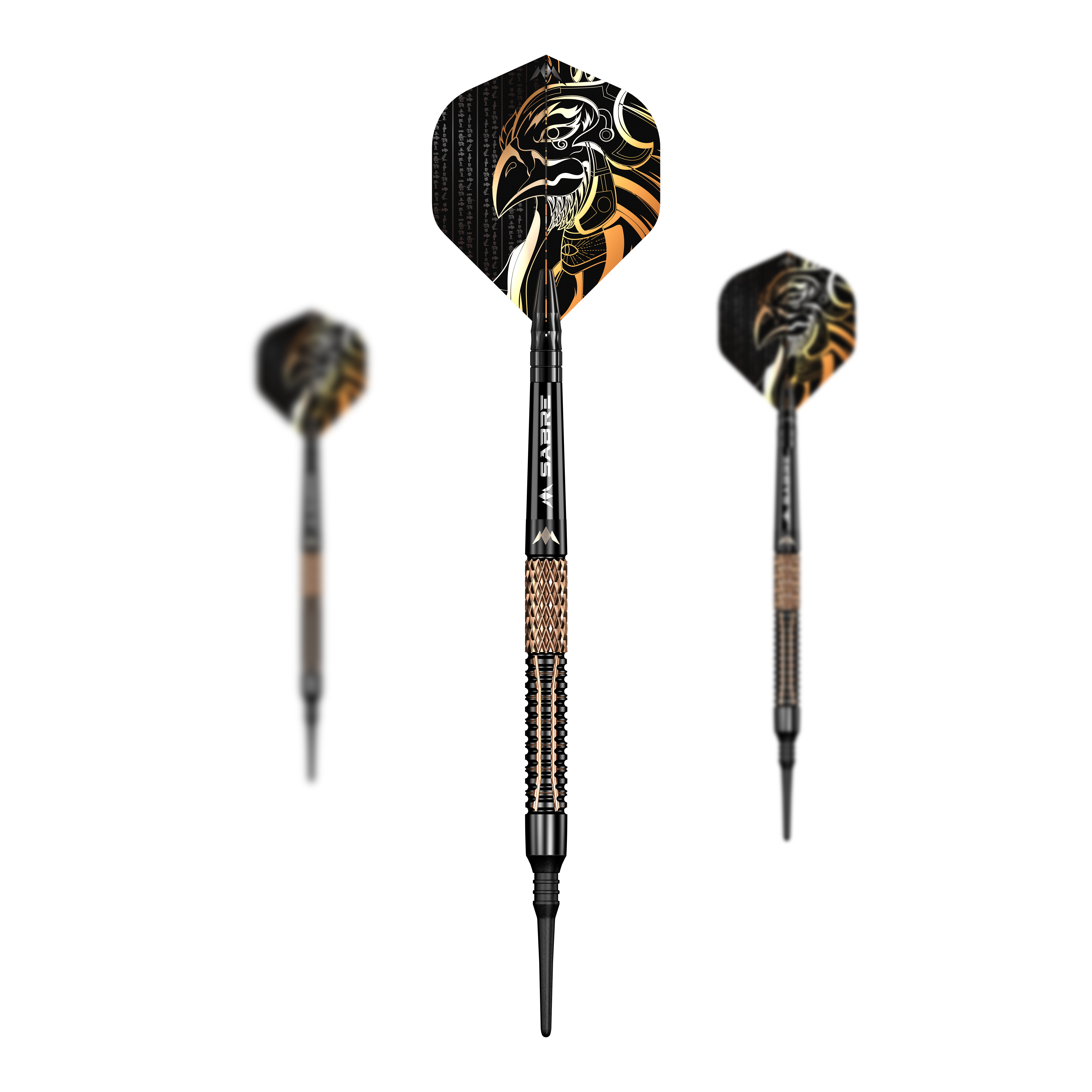 Mission Horus Softdarts - 19g Das Bild zeigt drei Softdarts des Modells „Mission Horus Softdarts - 19g“. Die Flights sind mit einem auffälligen, gold-schwarzen Falkenmotiv gestaltet.