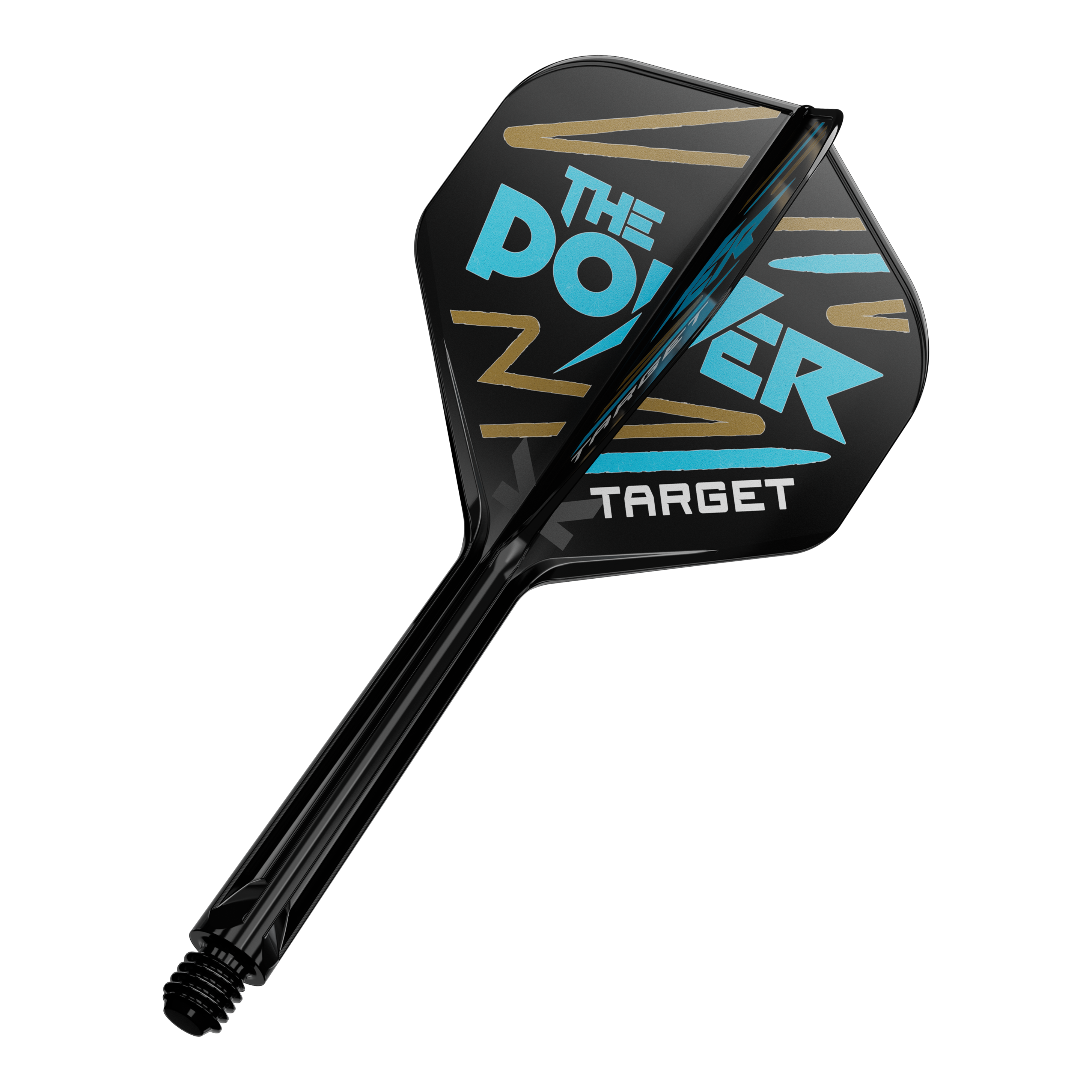 Target K-Flex Phil Taylor No2 Standard Flight Shaft System Auf dem Bild ist ein Dartpfeil mit schwarzer Flight zu sehen. Auf der Flight steht in blauer und weißer Schrift "The Power" und "Target" mit goldenen Zierstreifen.