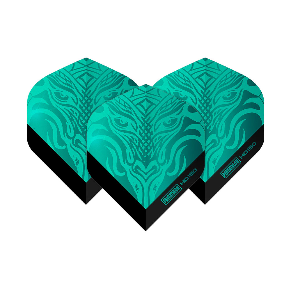 Pentathlon HD150 Metallic Aqua Standard Flights Das Bild zeigt drei Dart-Flights des Produkts "Pentathlon HD150 Metallic Aqua Standard Flights". Sie sind in einer metallic-aqua Farbe mit einem auffälligen Muster gestaltet.