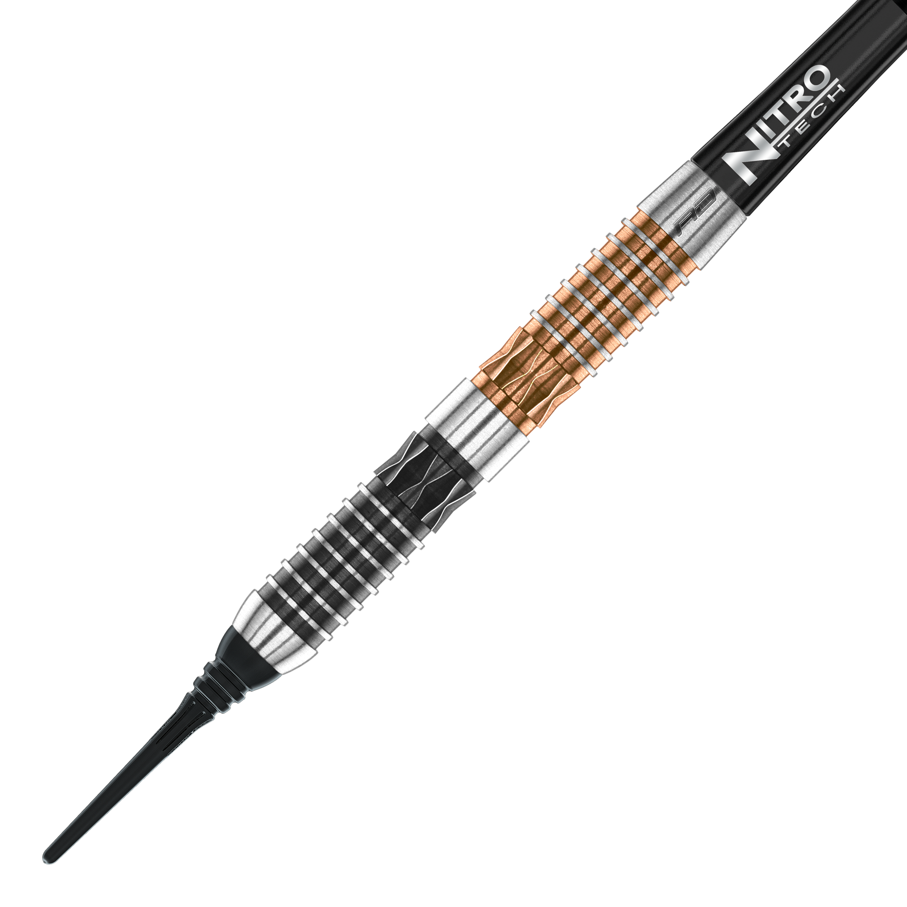 Red Dragon Panterra soft darts - 20g Das Bild zeigt einen Red Dragon Panterra Softdart mit einem Gewicht von 20g. Der Dartpfeil hat ein auffälliges Design mit schwarzen, silbernen und bronzefarbenen Elementen.