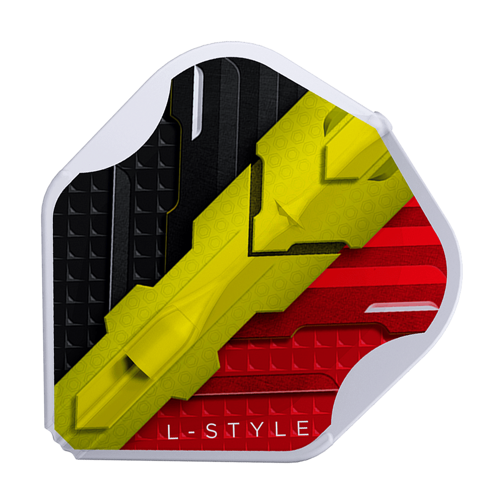 Dies ist ein Dartflight mit den Farben Schwarz, Gelb und Rot im Design der belgischen Flagge. Am unteren Rand steht in Weiß der Schriftzug "L-STYLE".