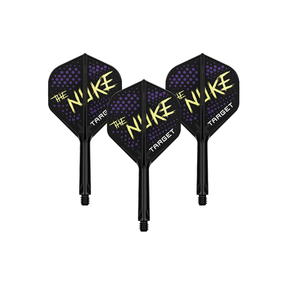 Target K-Flex Luke Littler Black No2 Standard Flight System Auf dem Bild sind drei schwarze Dartflights mit dem Schriftzug „The Nuke“ in gelber Farbe zu sehen. Die Flights haben außerdem violette Punkte und den Markennamen „Target“ in weiß.