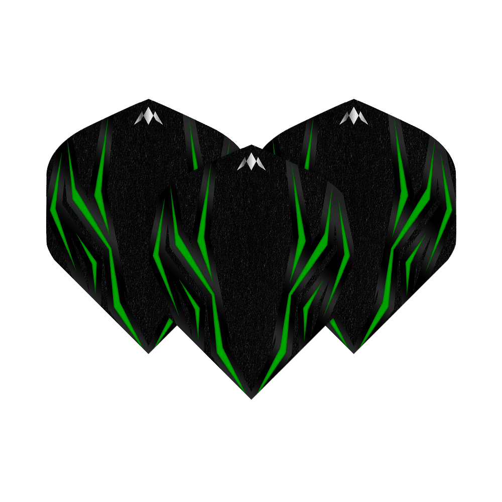 Mission Lava Green No2 Standard Flights Das Bild zeigt die Mission Lava Green No2 Standard Flights. Die Flights sind schwarz mit grünen, leuchtenden Linien und einem kleinen weißen Logo oben.