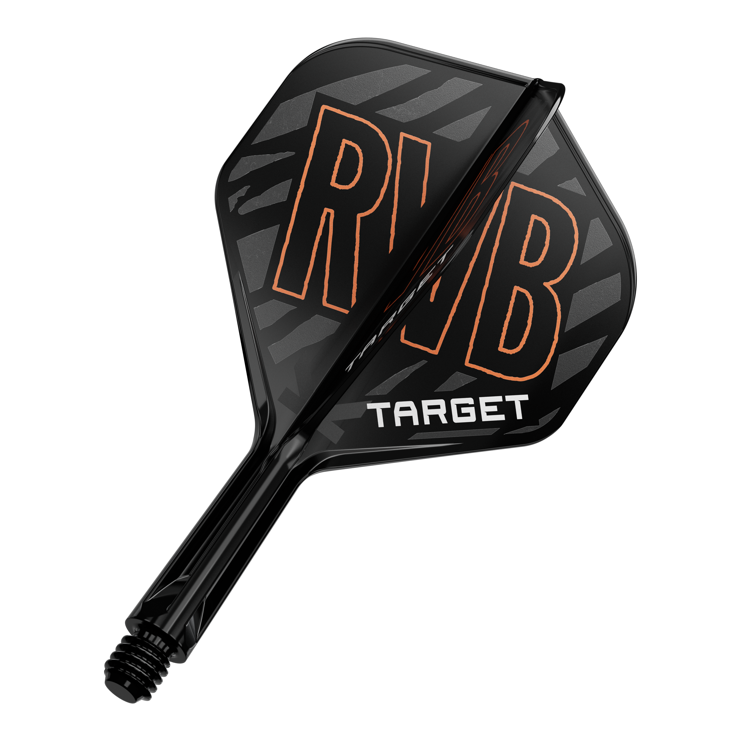 Target K-Flex Raymond Van Barneveld No2 Standard Flight Shaft System Das Bild zeigt einen schwarzen Dartflight mit der Aufschrift "RVB" in orange. Darunter steht das Wort "TARGET" in weißen Buchstaben.