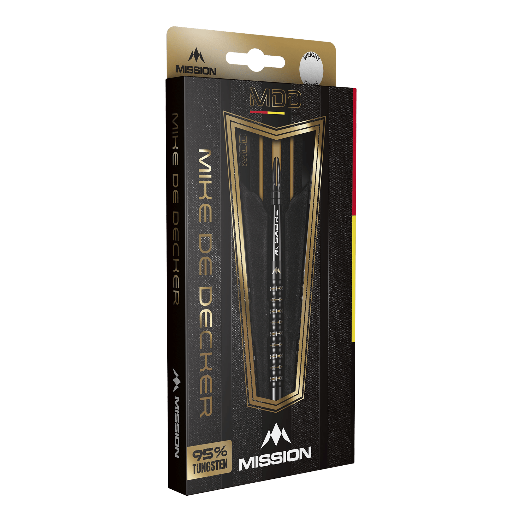 Mission Mike De Decker MDD Black Gold Soft Darts - 20g Die Abbildung zeigt die Verpackung der "Mission Mike De Decker MDD Black Gold Softdarts - 20g". Die elegante Box hebt das Design der Darts sowie den hohen Tungsten-Anteil von 95 % hervor.