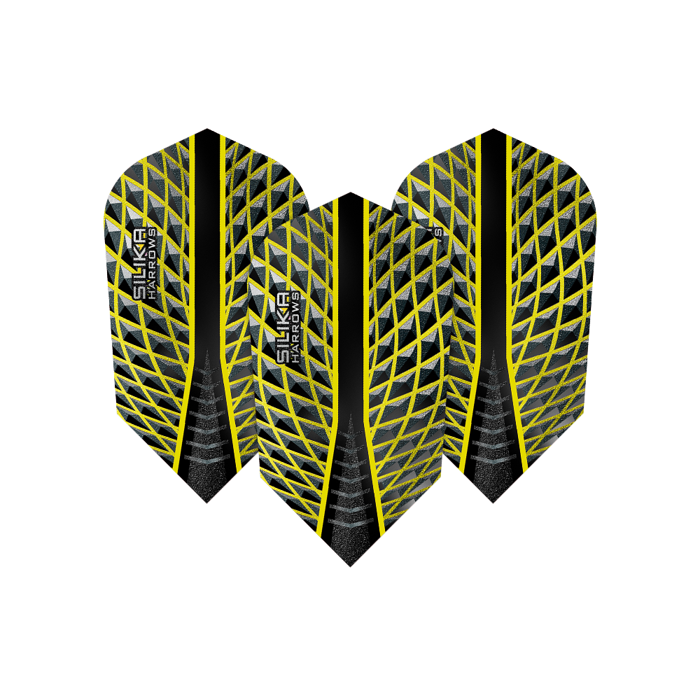 HR87_Harrows_Silika_Yellow_Slim_Flights_1Ds9OAEkWP6W0e Das Bild zeigt drei Harrows Silika Yellow Slim Flights. Die Flights sind schwarz mit einem gelben, netzartigen Muster und dem Aufdruck "SILIKA HARROWS".
