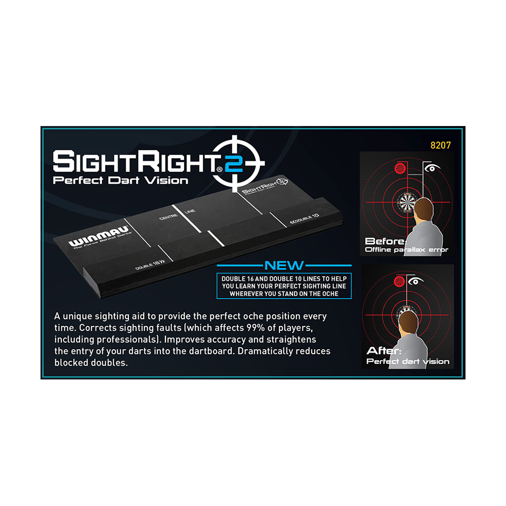 8207_Winmau_SightRight2_2 Das Bild zeigt das Produkt "Winmau SightRight 2", ein Zielsicht-Hilfsmittel für Dartspieler. Es hilft dabei, die perfekte Wurfposition zu finden und die Genauigkeit beim Dartspielen zu verbessern.