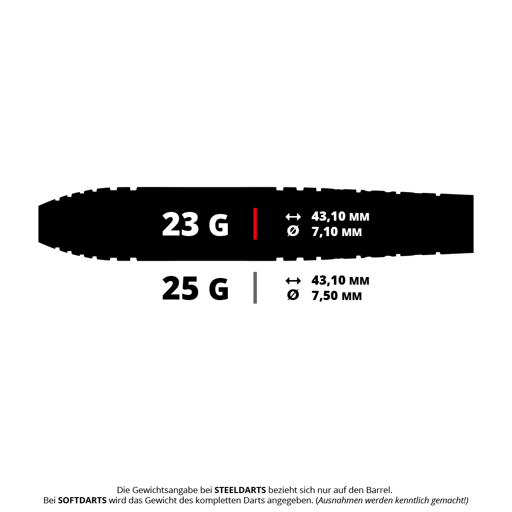 Red Dragon Luke Humphries TX5 steel darts Ein Satz Steeldarts mit silbernen Spitzen und unterschiedlichen Griffmustern ist abgebildet. Es sind Red Dragon Luke Humphries TX5 Steeldarts mit einem Gewicht von 23g.