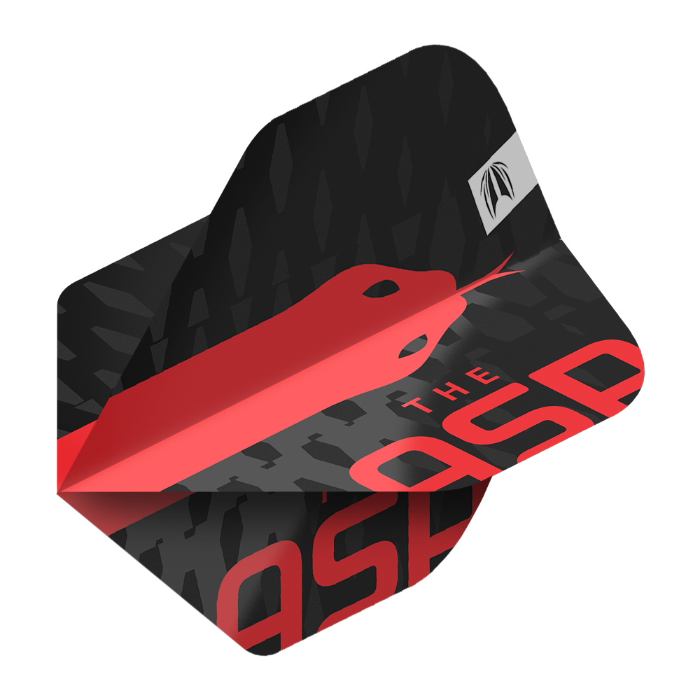 Target Pro Ultra Nathan Aspinall No2 Standard Flights - 3 sets Das Bild zeigt ein Dart-Flight mit einem schwarzen und roten Design sowie der Aufschrift „THE ASP“. Auf dem Flight ist eine stilisierte rote Schlange abgebildet.