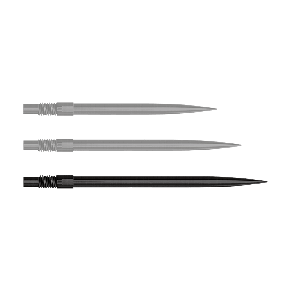 Harrows Quick Point Dart Tips - Black Auf diesem Bild sind 40 mm lange, schwarze Dartspitzen dargestellt. Die Spitzen werden nebeneinander angeordnet gezeigt.