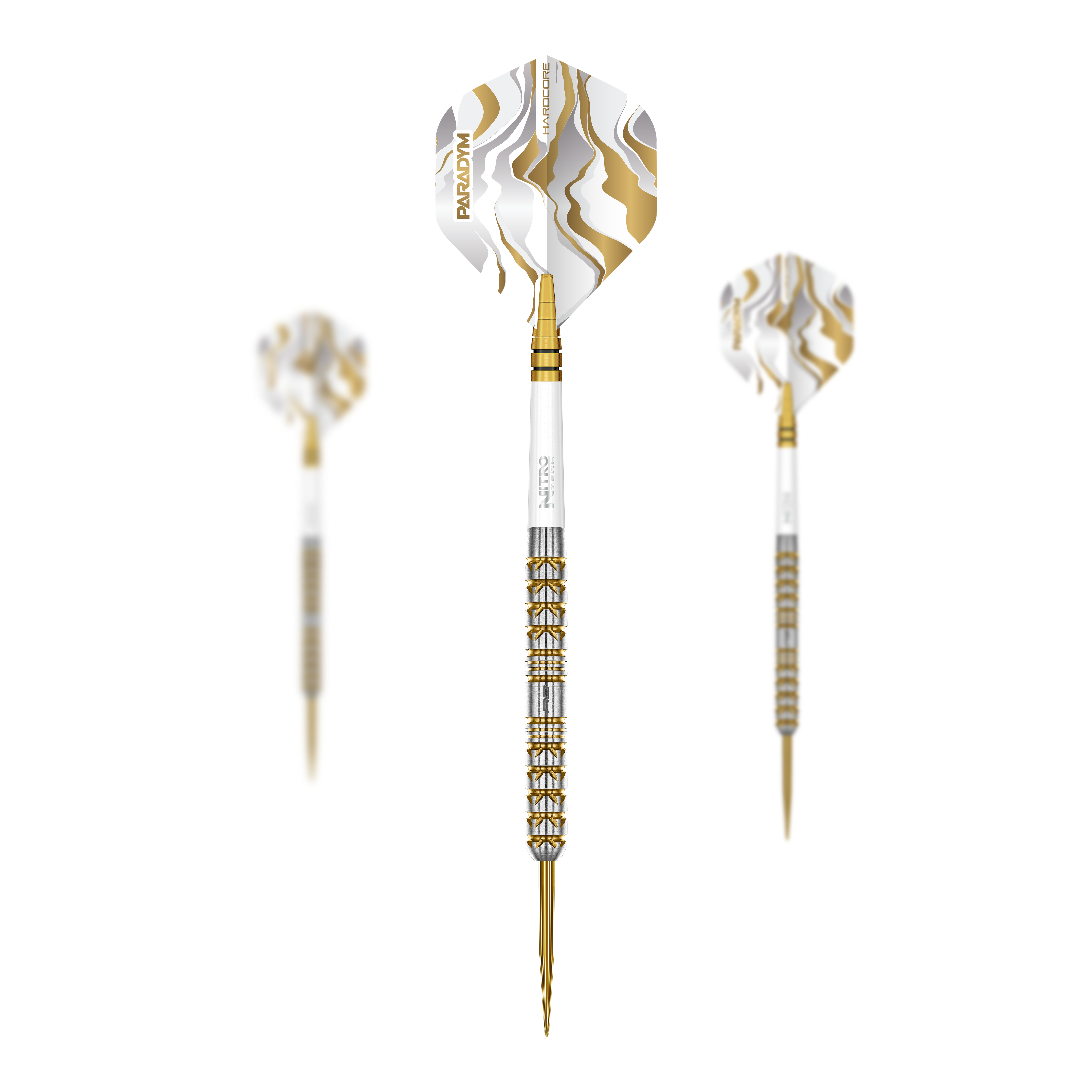 Zu sehen ist ein Set der Red Dragon Paradym Gold Parallel Steeldarts. Das Set besteht aus mehreren Steeldarts mit einer goldfarbenen Optik.