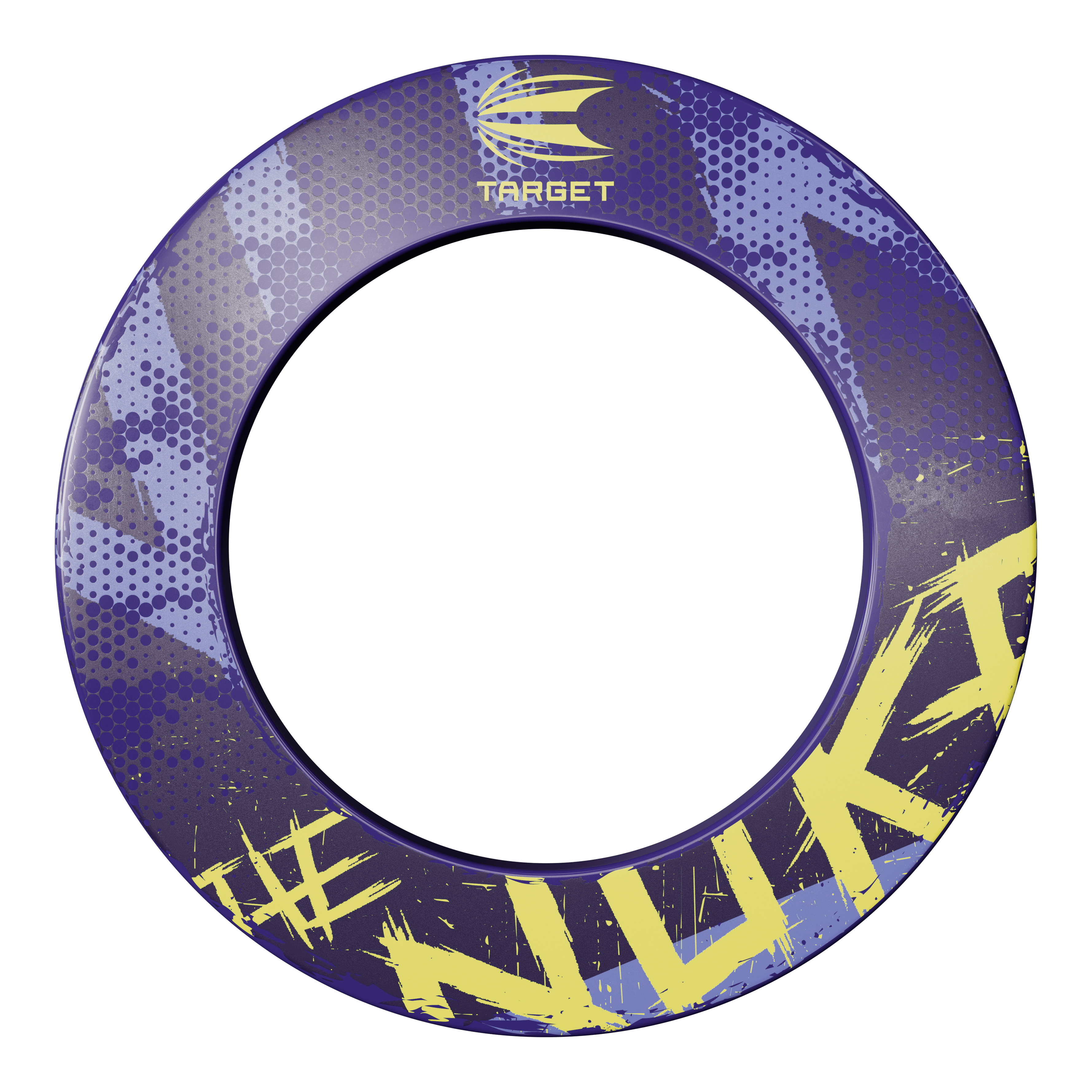 Target Luke Littler The Nuke Dartboard Surround Dieses Bild zeigt die Target Luke Littler The Nuke Dartboard Surround. Der Ring ist lila mit gelben und blauen Akzenten und trägt den Schriftzug "#NUKI" und das Target-Logo.