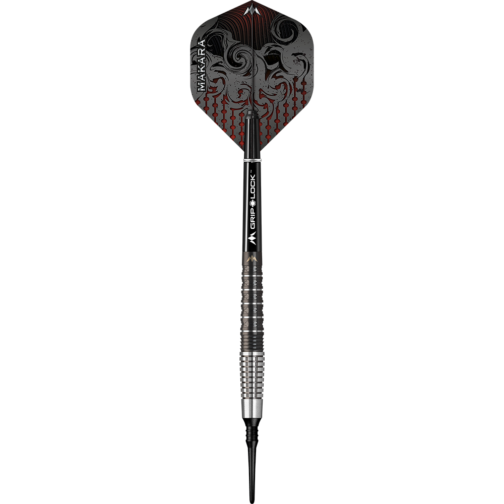 Mission Makara M2 soft darts - 20g Das Bild zeigt einen Mission Makara M2 Softdart mit einem Gewicht von 20g. Der Dart hat ein auffälliges Flight-Design in Schwarz und Rot sowie eine geriffelte silber-schwarze Griffzone.