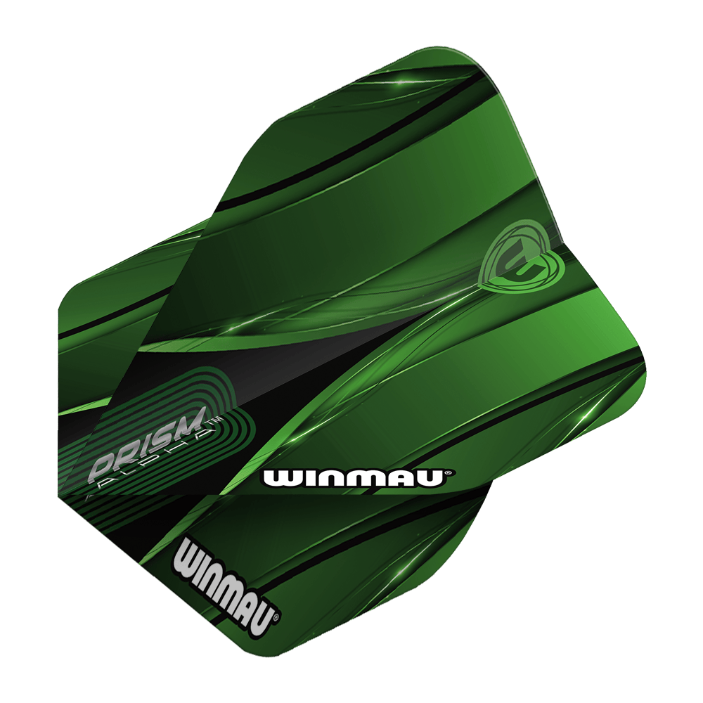 Winmau Alpha Sniper Green Standard Flights Das Bild zeigt das Produkt "Winmau Alpha Sniper Green Standard Flights". Die Dart-Flights sind grün mit schwarzen und weißen Akzenten gestaltet und tragen den Schriftzug "WINMAU".
