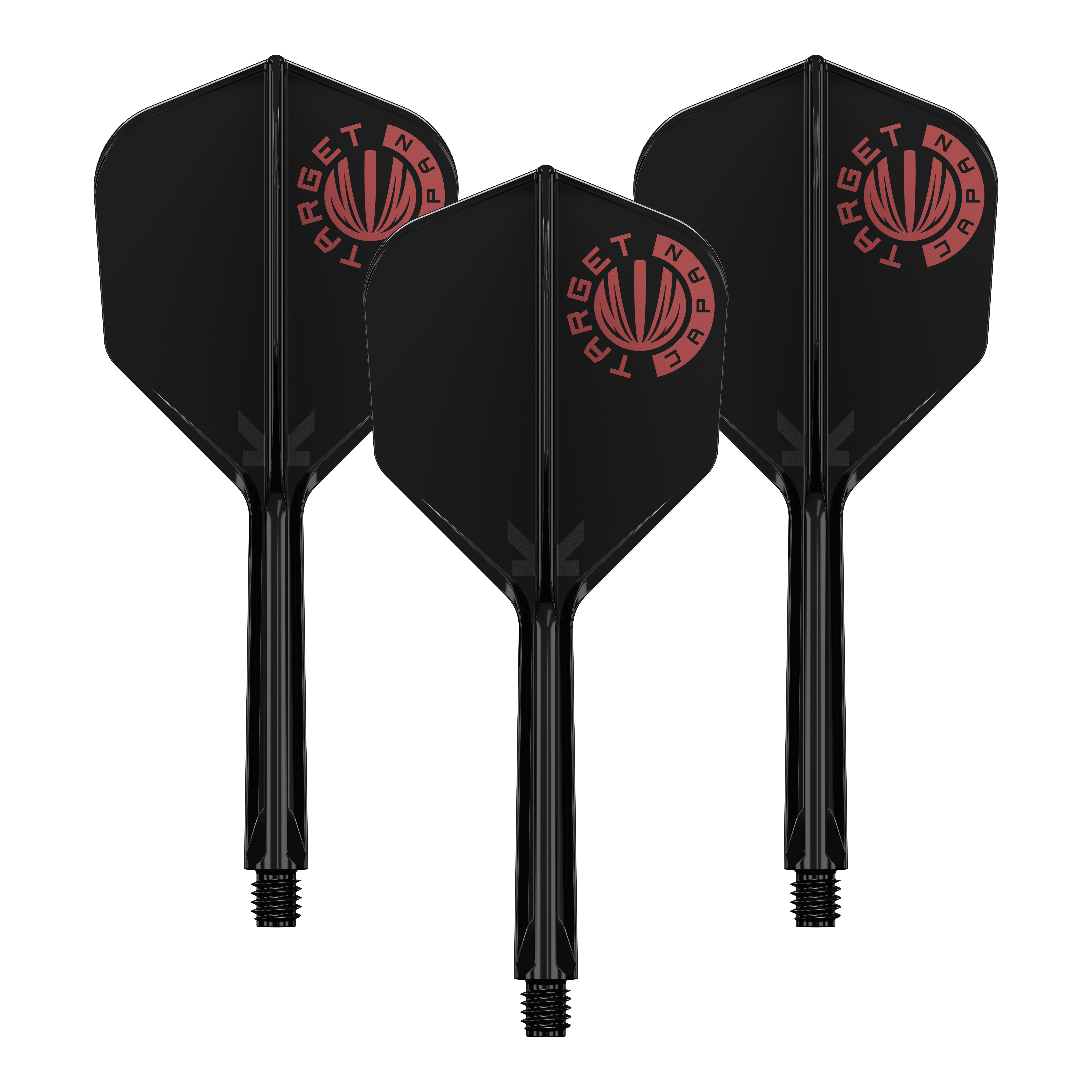 Target Japan K-Flex Original Logo Red Black No6 Flight Shaft System Auf dem Bild sind drei schwarze Dartflights mit integriertem Schaft zu sehen. Oben links auf jedem Flight befindet sich ein rotes Logo mit der Aufschrift "TARGET JAPAN".