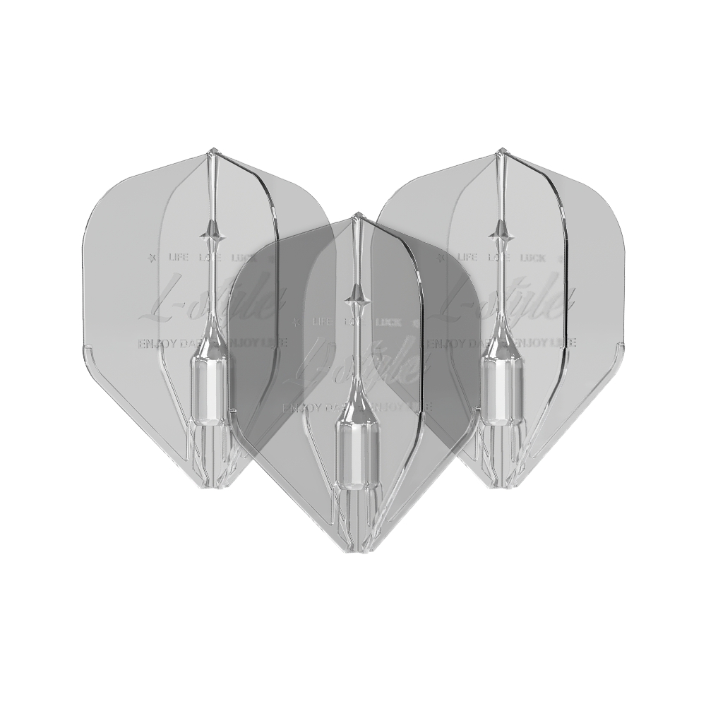 L-Style Fantom L1EZ Flights Clear Das Bild zeigt drei transparente Dartflights des Modells "L-Style Fantom L1EZ Flights Clear". Die Flights sind klar und haben eine klassische Pfeilform.