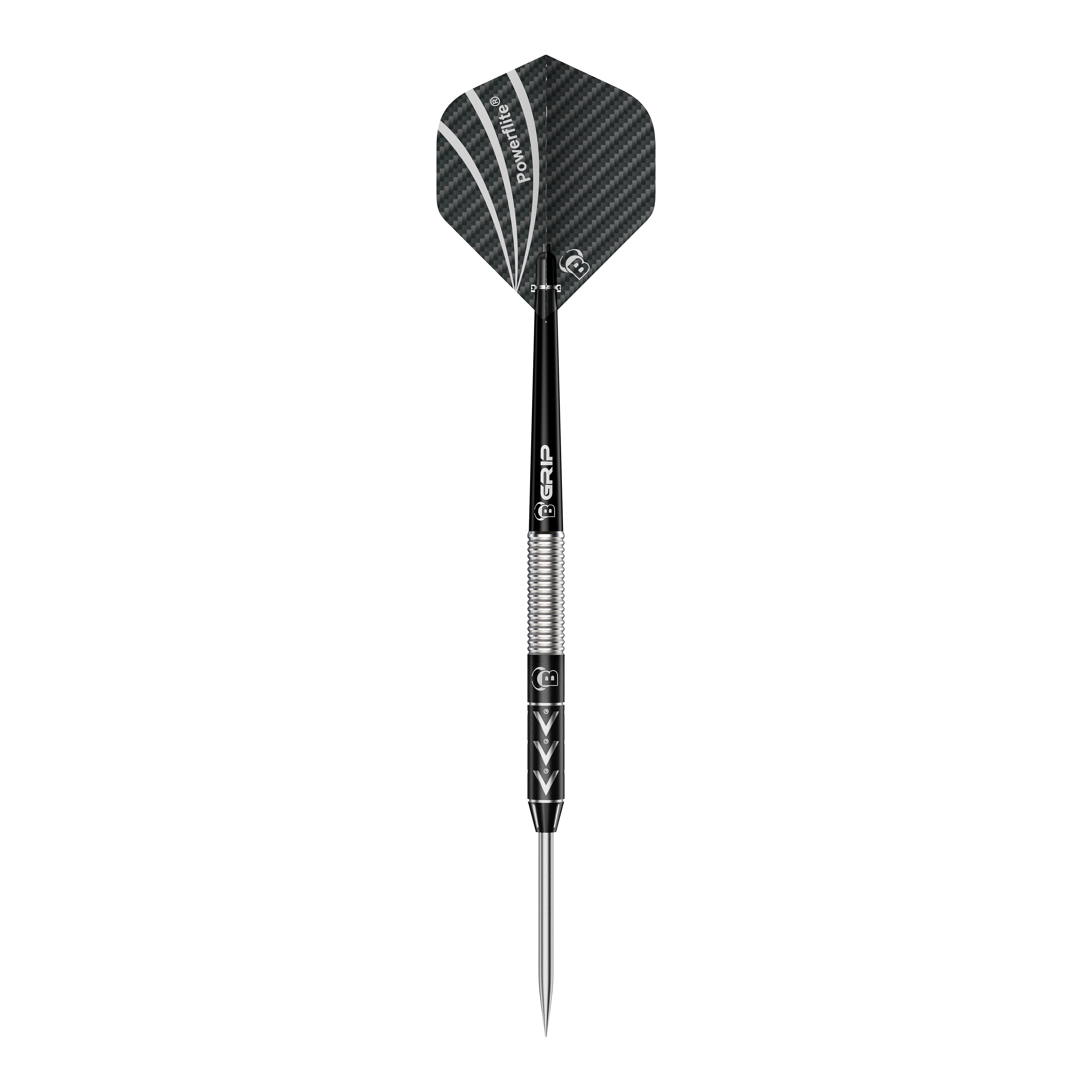 Bulls Challenger Arno Merk steel darts - 22g Das Bild zeigt einen Steeldart namens "Bulls Challenger Arno Merk Steeldarts - 22g". Der Dartpfeil ist schwarz-silber und hat ein modernes Design mit strukturiertem Schaft und schwarzer Flight.