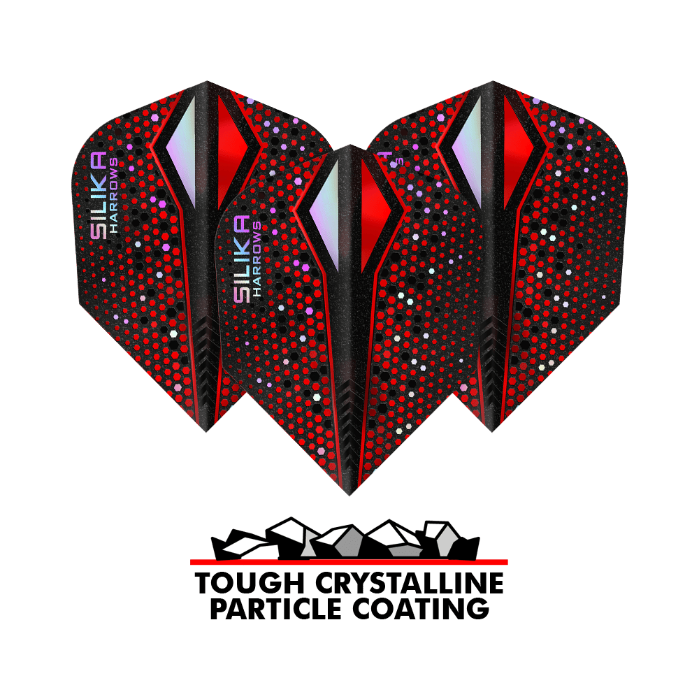 Harrows Silika Colorshift Tough Crystalline Coating Red-X No6 Flights Das Bild zeigt drei Dart-Flights der Marke Harrows Silika Colourshift in Rot und Schwarz mit bunten Punkten. Unter den Flights steht der Text „Tough Crystalline Particle Coating“ mit einer Grafik von kleinen Kristallen.