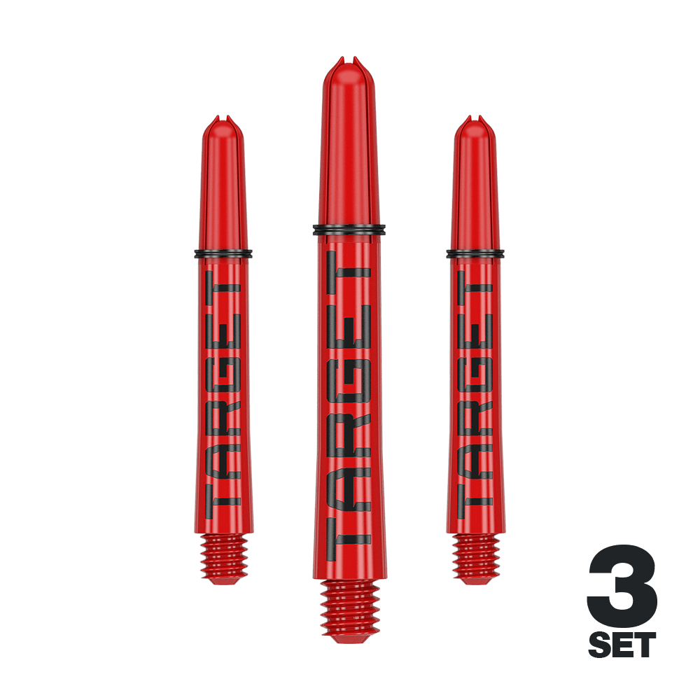 Target Pro Grip TAG Shafts - 3 Sets - Red Das Bild zeigt drei rote Dartschäfte mit der Aufschrift "TARGET". Unten rechts steht "3 SET", was auf ein Set mit drei Stück hinweist.