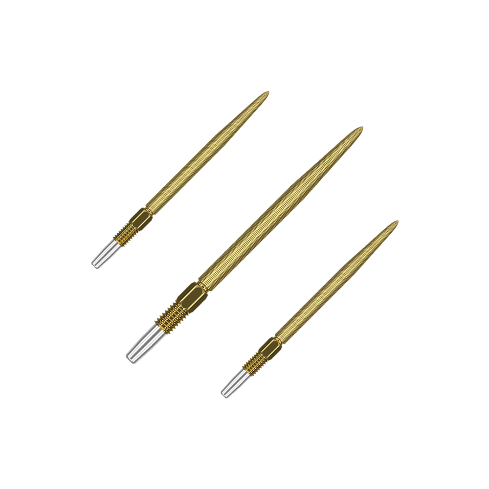 Target Swiss Point Nano Dart Tips - Gold Auf dem Bild sind drei goldfarbene Dartspitzen zu sehen. Sie haben eine feine Riffelung und ein silbernes Schraubgewinde am Ende.