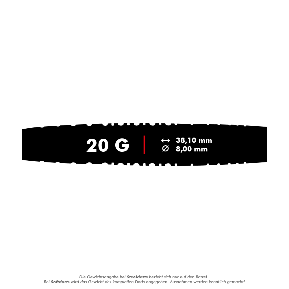 Red Dragon Rifle Soft Darts - 20g Das Bild zeigt die Red Dragon Rifle Softdarts mit einem Gewicht von 20 Gramm. Die Maße sind 38,10 mm Länge und 8,00 mm Durchmesser.