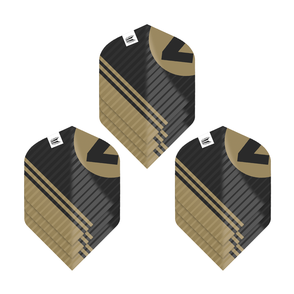 337219_Target_ProUltra_3Sets_Chicane_Black_No2_Standard_Flights_1GfKd1kYTo8y59 Das Bild zeigt drei Sets von Target Pro Ultra Chicane Black No2 Standard Flights. Die Flights sind schwarz mit goldenen Akzenten und haben ein modernes, gestreiftes Design.