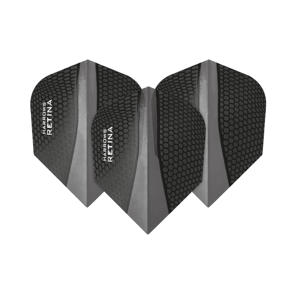 HR67_Harrows_Retina_Schwarz_No2_Standard_Flights_1zktKmRpfkumOw Das Bild zeigt drei schwarze Dart-Flights des Modells "Harrows Retina No6". Sie haben eine strukturierte Oberfläche mit einem modernen Design und weißer Aufschrift.