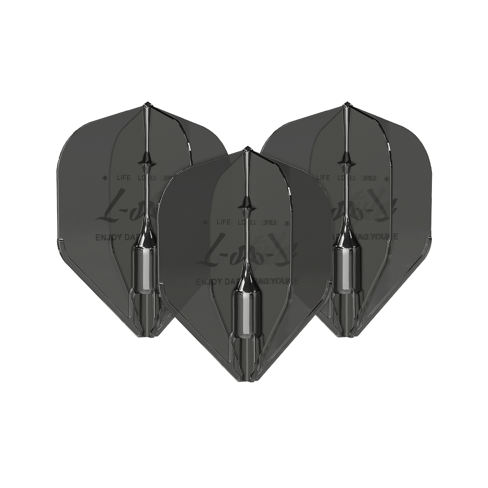 L-Style Fantom L1EZ Flights Black Das Bild zeigt drei schwarze L-Style Fantom L1EZ Flights für Darts. Die Flights sind nebeneinander angeordnet und verfügen über ein glänzendes, modernes Design.