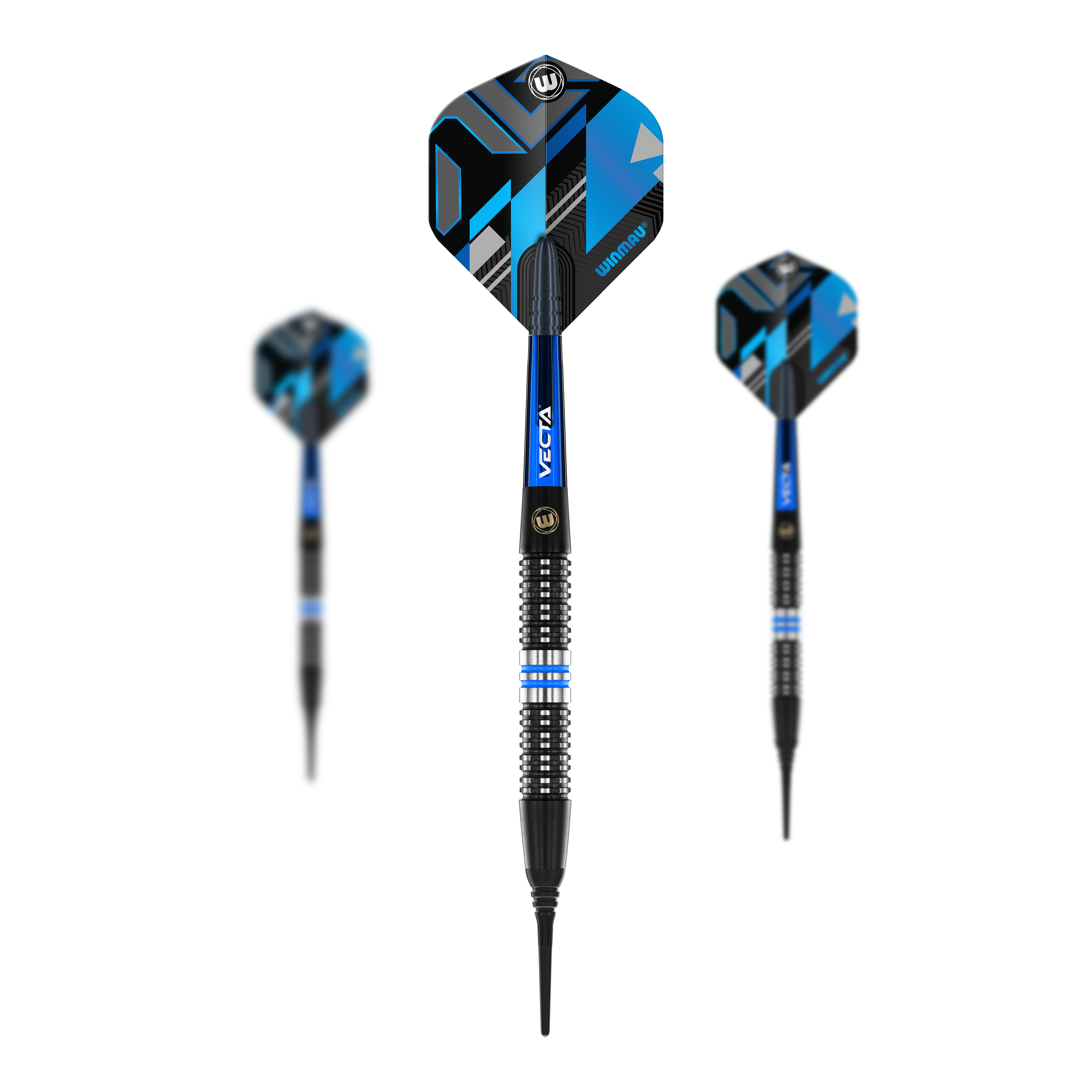Winmau Galactics soft darts - 20g Das Bild zeigt drei Winmau Galactics Softdarts mit einem Gewicht von 20g. Die Darts haben ein modernes Design in Blau und Schwarz mit markanten Linien auf den Flights.