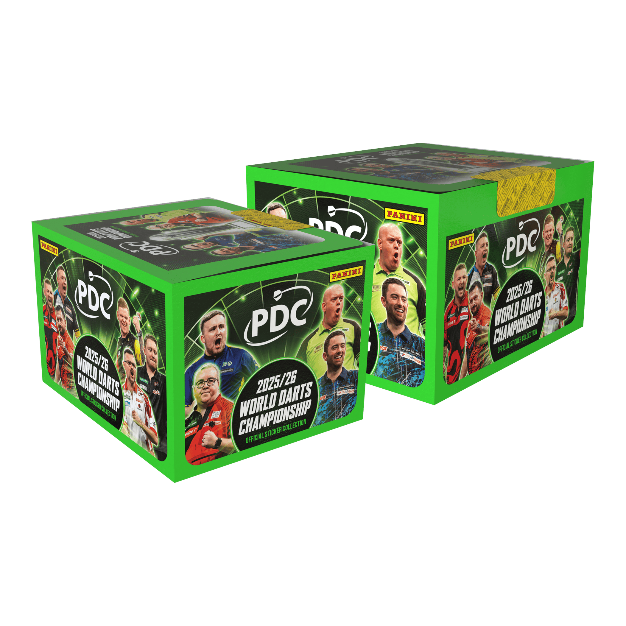 Panini PDC World Darts Championship 2025/26 - Softcover Mega Bundle with two sticker boxes Das Bild zeigt das Panini PDC World Darts Championship 2025/26 Softcover Mega Bundle mit zwei Stickerboxen. Es handelt sich um ein Sammelalbum und zwei Stickerboxen für Dart-Fans.