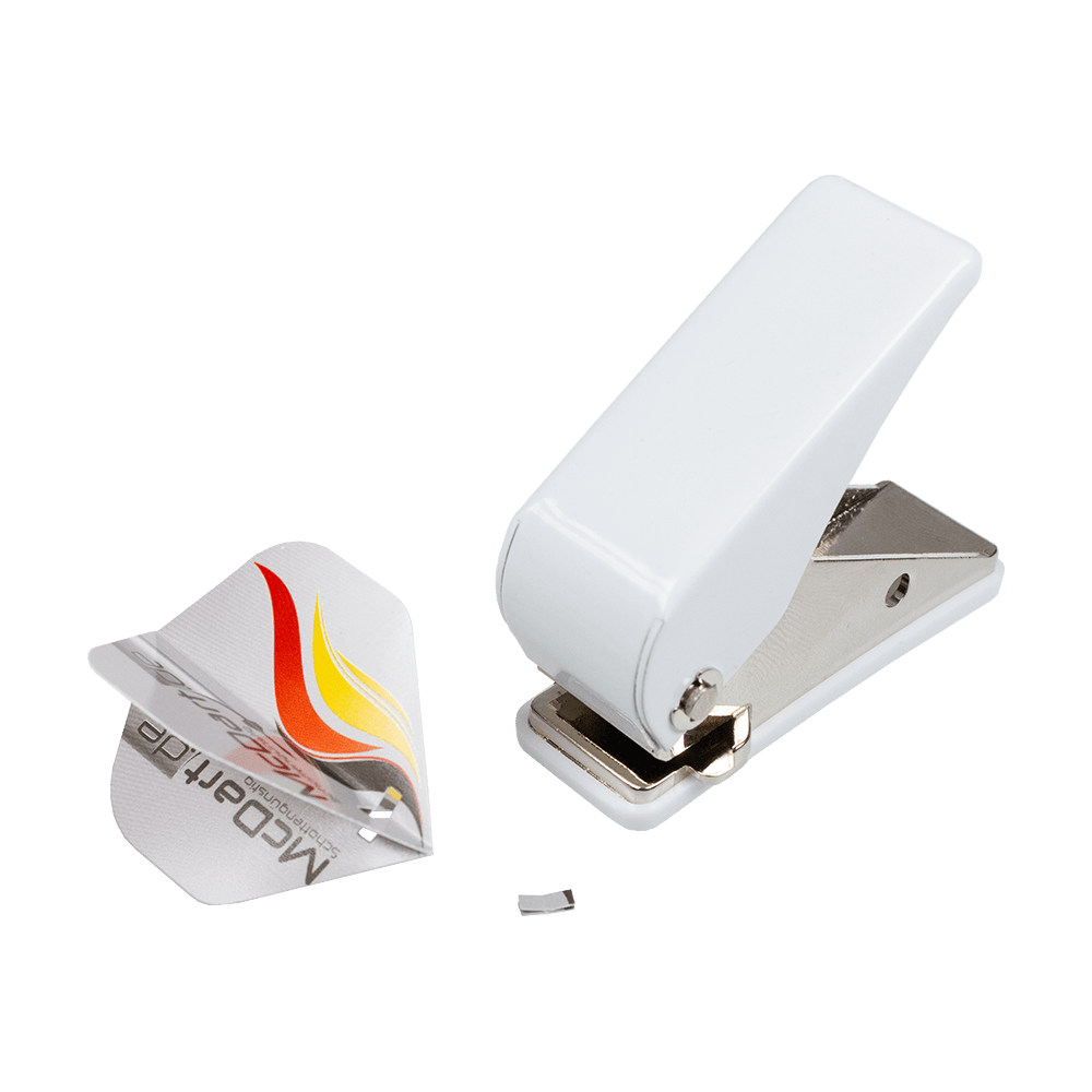 630-Flight-Locher-630-4 Auf dem Bild ist ein weißer Locher mit dem Namen "Flight Locher 630" zu sehen. Daneben liegt ein ausgestanztes Stück Papier mit einem bunten Aufdruck.