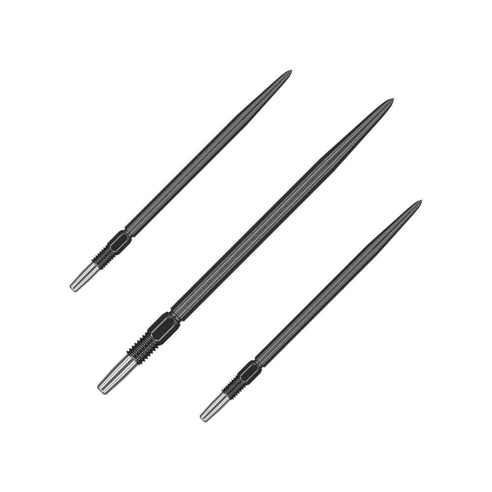 Target Swiss Point Nano Dart Tips - Black Auf dem Bild sind drei schwarze Dartspitzen zu sehen, die nebeneinander liegen. Sie sind schlank, spitz und haben ein geriffeltes Griffstück.