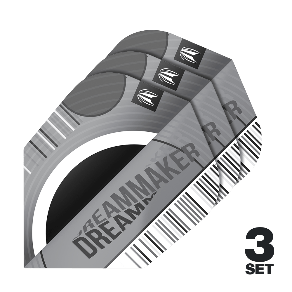 Target Pro Ultra Dimitri Van Den Bergh X Echo No6 Flights - 3 Sets Das Bild zeigt drei Sätze Target Pro Ultra Dimitri Van Den Bergh X Echo No6 Flights. Die Flights sind silber-grau gestaltet und tragen den Schriftzug "DREAMMAKER".