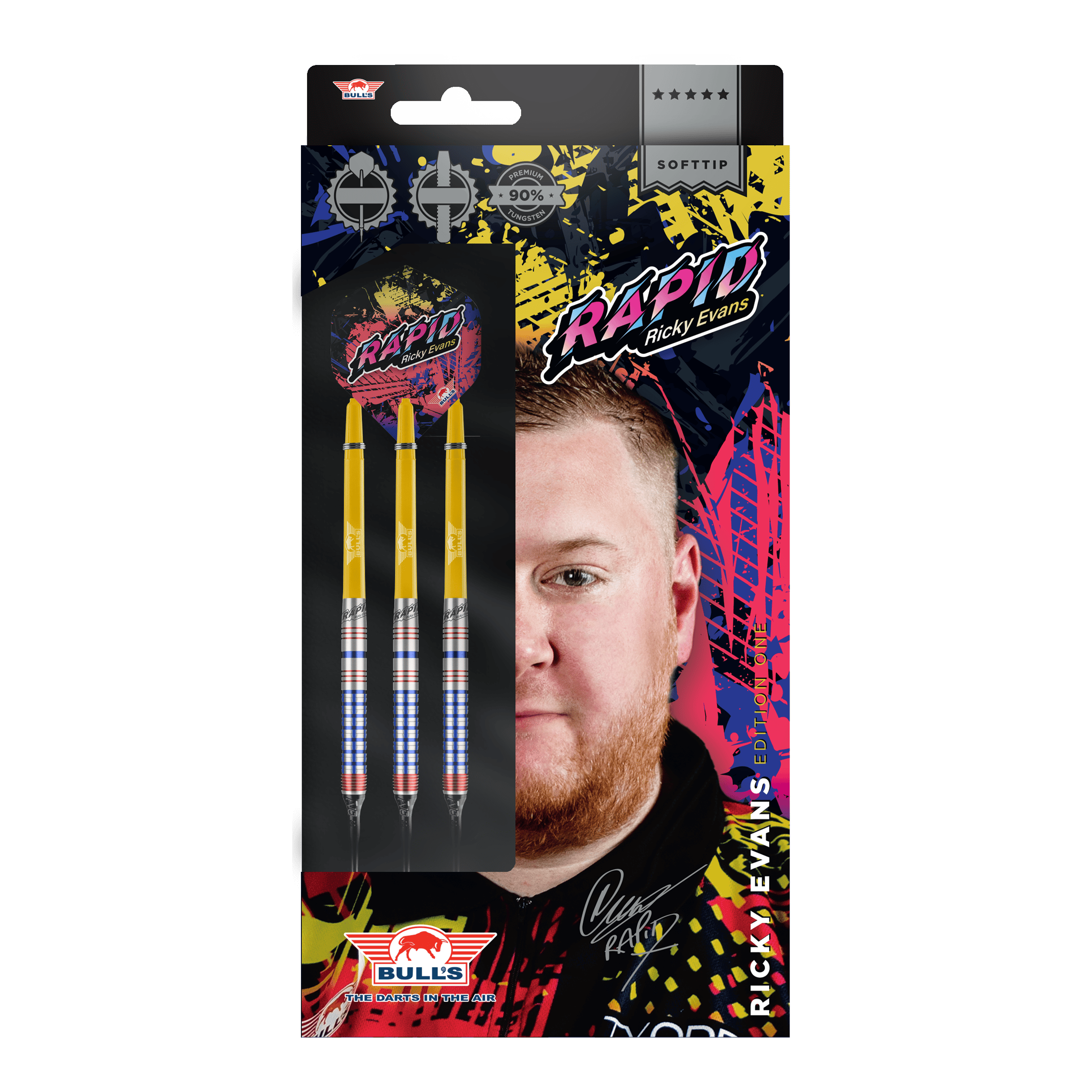 Bulls NL Ricky Evans Rapid Edition One Soft Darts - 20g Das Bild zeigt die Verpackung der "Bulls NL Ricky Evans Rapid Edition One Softdarts - 20g". Auf der Verpackung sind drei Softdarts und ein Porträt von Ricky Evans abgebildet.