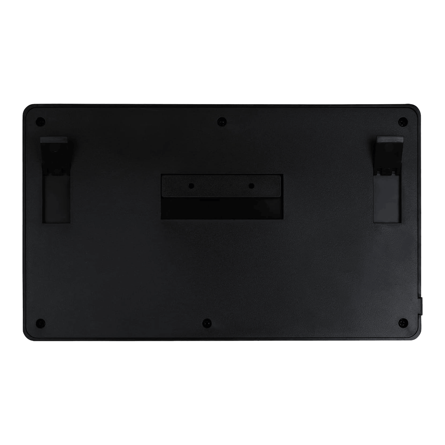 XQMax Dublin Dart Counter Das Bild zeigt die Rückseite des XQMax Dublin Dart Counter. Die Oberfläche ist schwarz mit zwei ausklappbaren Ständern und mehreren Befestigungspunkten.