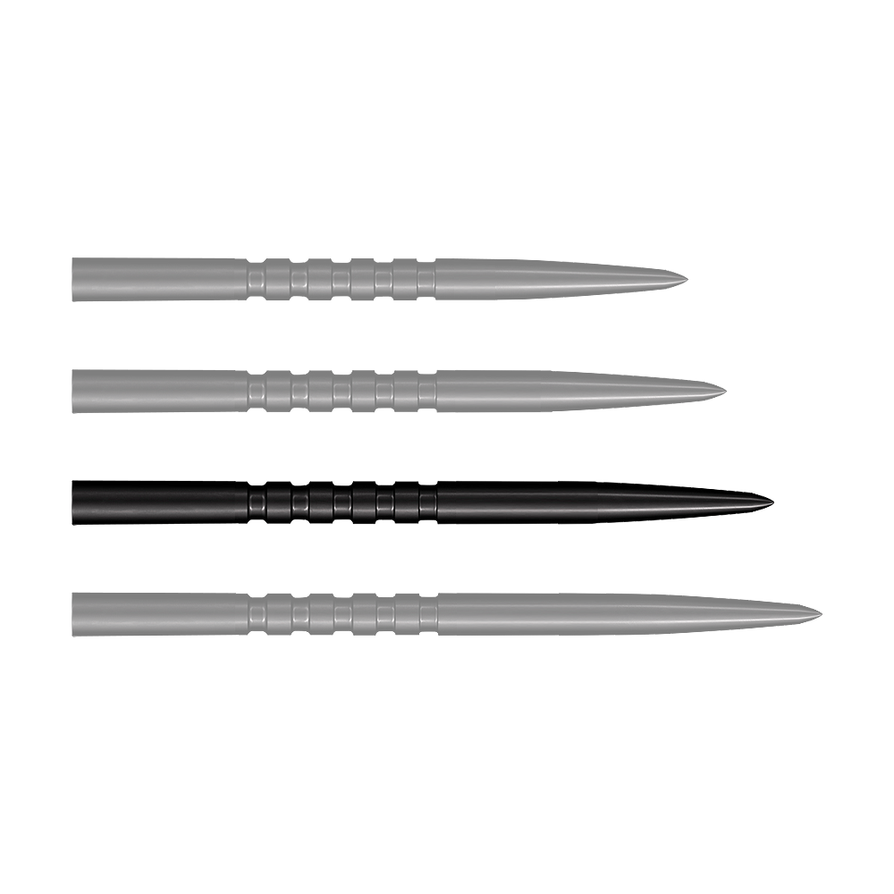 Shot Grip Point steel dart tips - Black Das Bild zeigt vier schwarze Stahlspitzen für Steeldarts, die nebeneinander liegen. Jede Spitze ist 38 mm lang und hat gerillte Griffzonen.