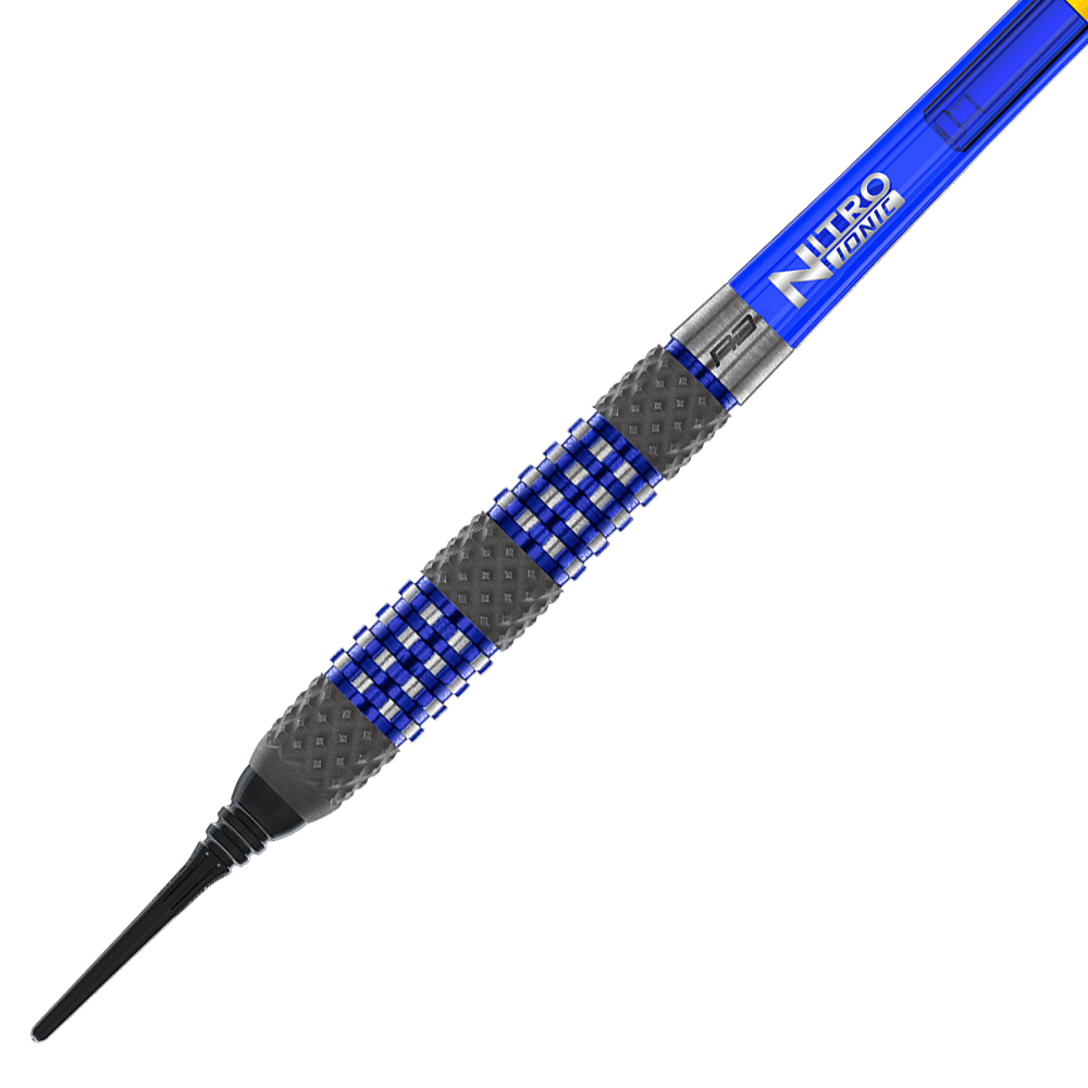 RD2563_Red_Dragon_Luke_Humphries_TX2_Atomised_Softdarts_2 Das Bild zeigt den Softdart "Red Dragon Luke Humphries TX2 Atomised" mit einem Gewicht von 18g. Der Dart hat ein markantes Design mit blauen und silbernen Ringen sowie einer schwarzen Spitze.