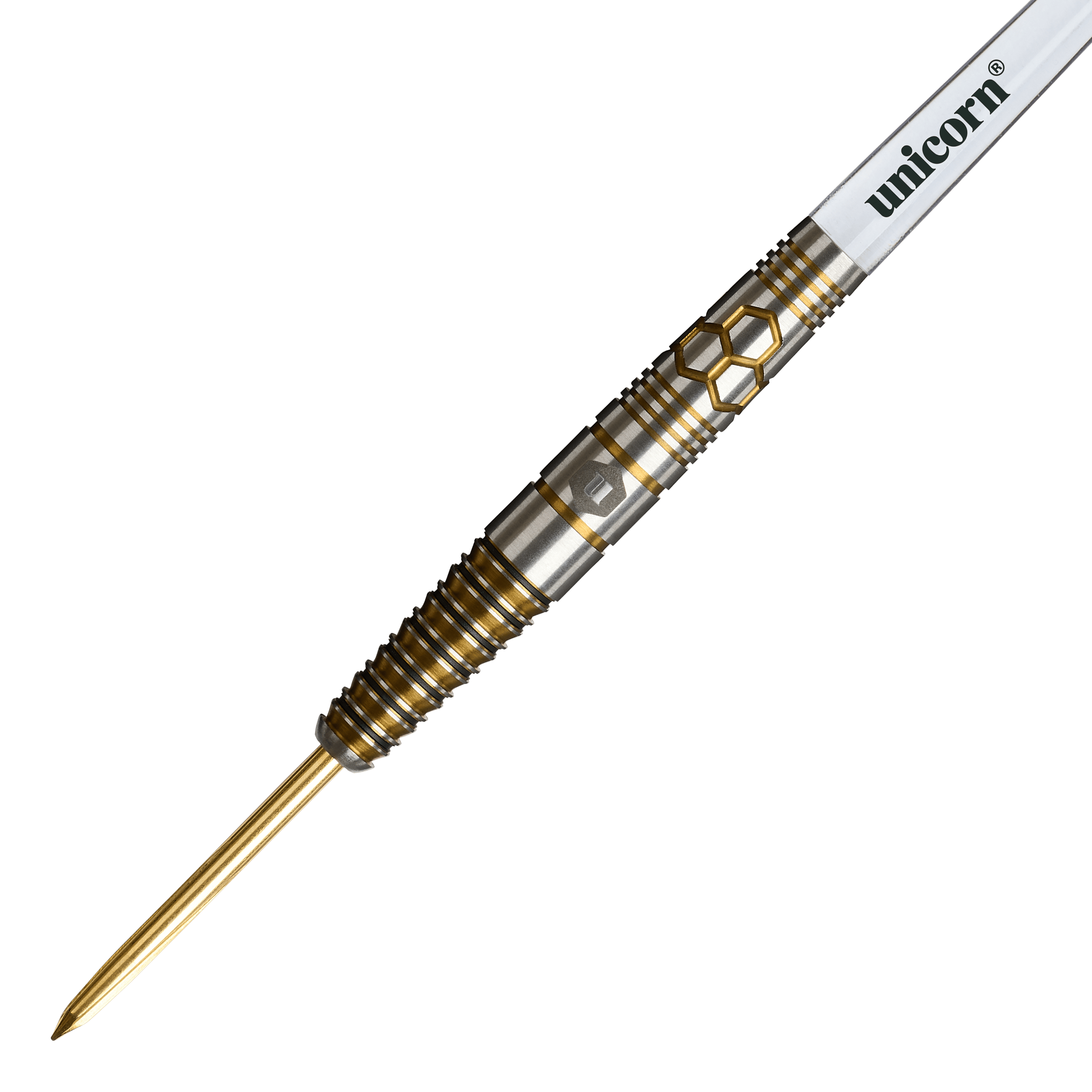 Unicorn Hexium Style 03 Gold & Black Steeldarts Das Bild zeigt die Unicorn Hexium Style 03 Gold & Black Steeldarts. Die Steeldarts sind in goldener und schwarzer Farbe gestaltet.
