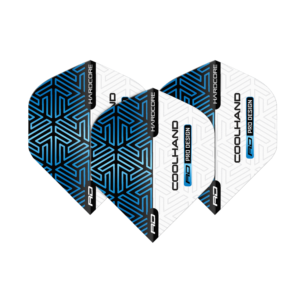 Red Dragon Hardcore Luke Humphries Blue White Premium Standard Flights Das Bild zeigt vier Dart-Flights in Blau und Weiß mit geometrischem Muster. Auf den Flights stehen die Wörter "HARDCORE", "COOLHAND" und "RD PRO DESIGN".