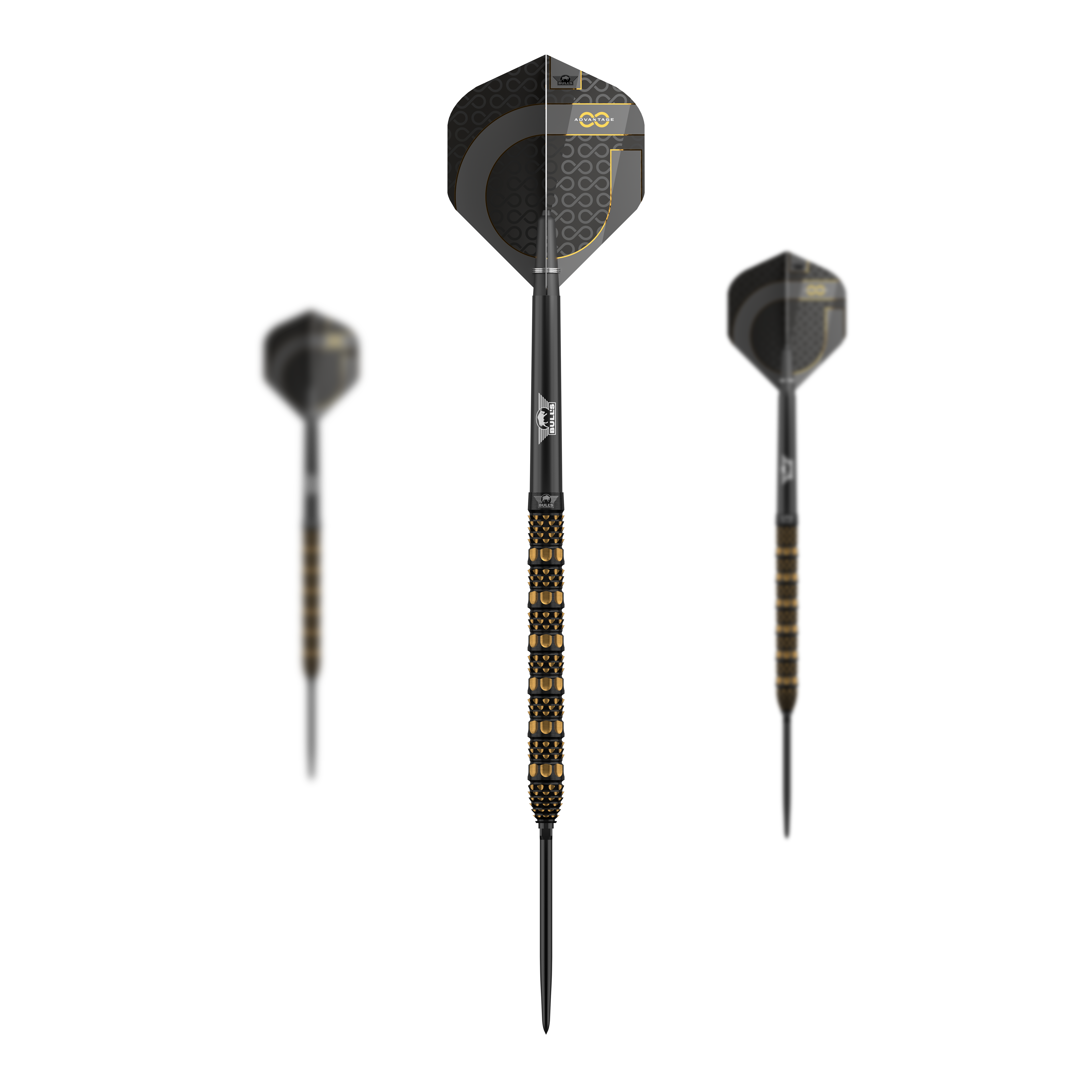 Abgebildet ist ein Set Bulls NL Advantage 95 Rail Convertible Point Steeldarts. Es werden mehrere Darts präsentiert.